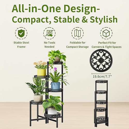 Miniatura 5 de Soporte para Plantas de Interior y Exterior, Estante de Exhibición de Flores de Metal de 5 Niveles para Esquina, Estante Alto Plegable para Patio,