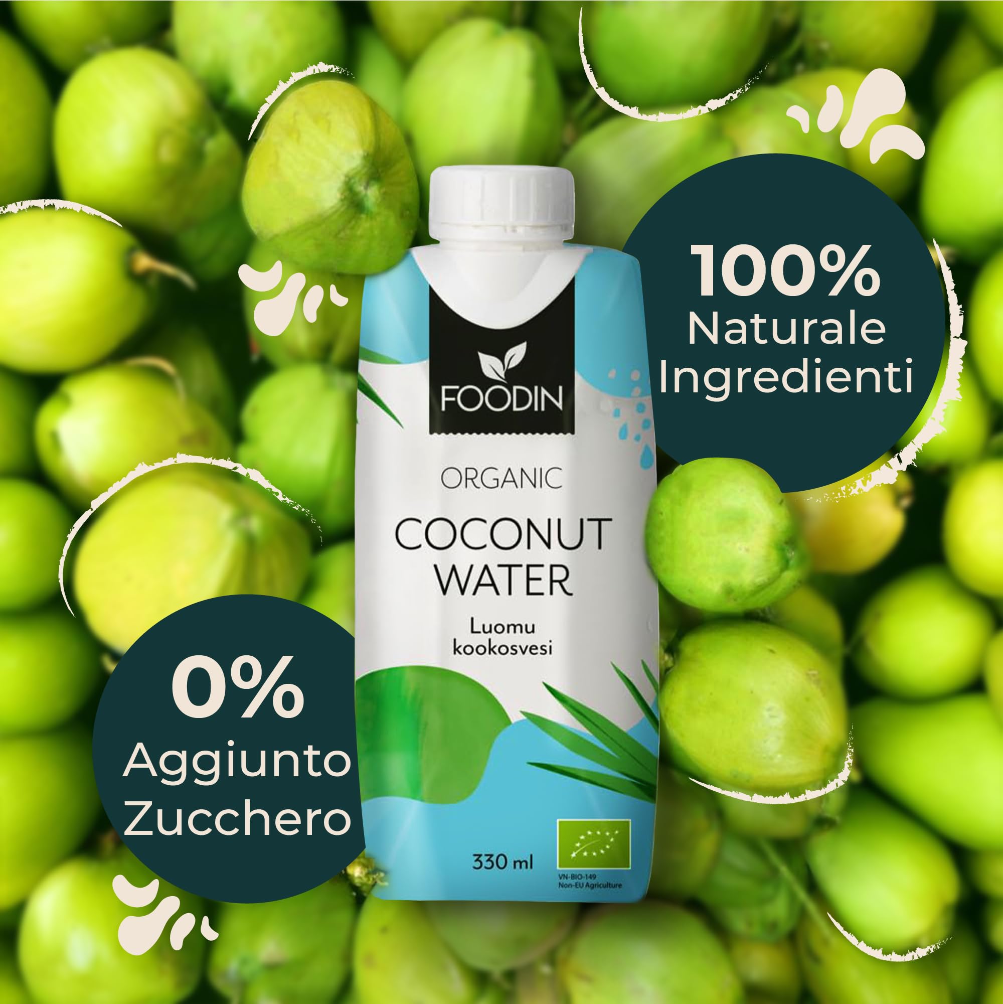 Foodin Acqua di Cocco Biologica, Naturalmente Idratante con Elettroliti, Senza Grassi, Senza Glutine, Non OGM, A Basso Contenuto Calorico - Dissetante Lenitivo - Confezione da 12 (12x330ml)