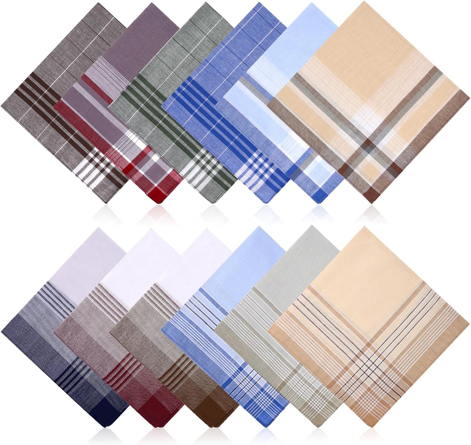 12 Pcs Cotton Handkerchiefs for Men, 16x16 Inch Soft Cotton Hankies with Check, Classic Reusable Men's Handkerchiefs Hankie Hankerchieves Pocket Squares for Men