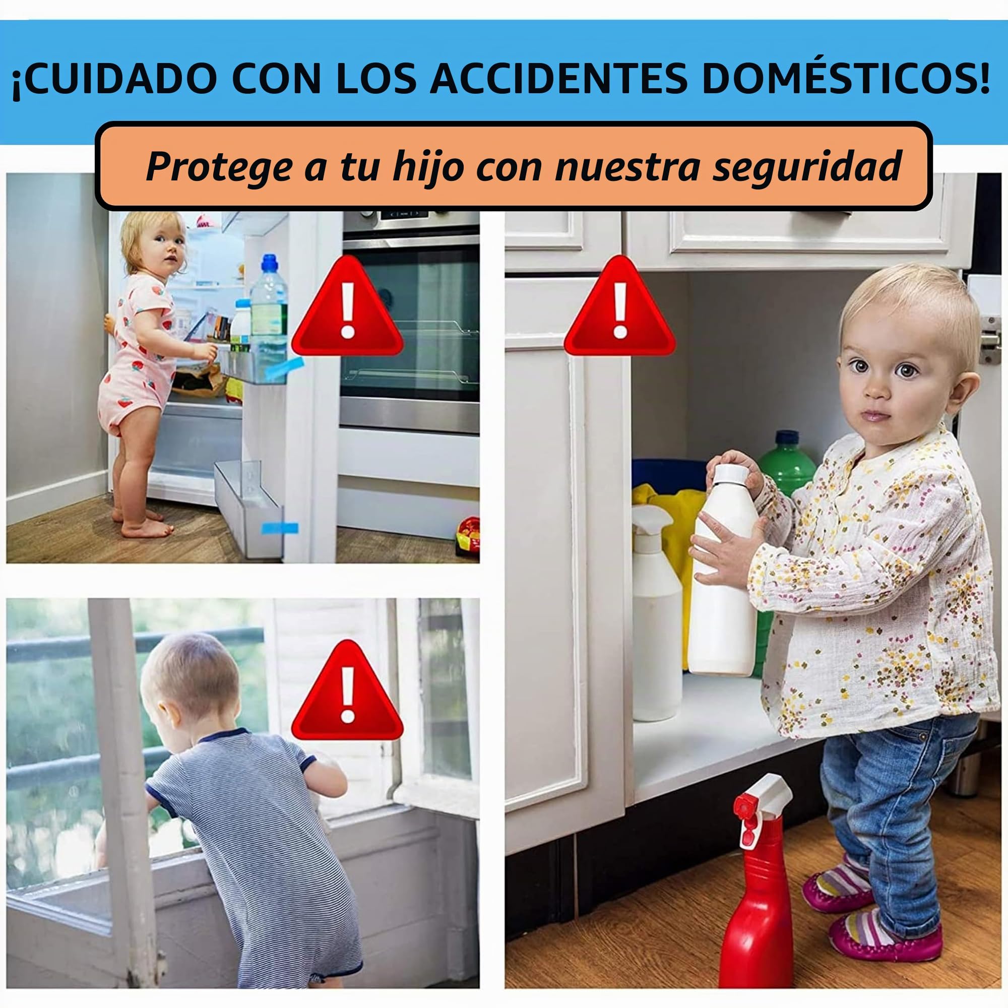 Seguridad ventana infantil: [x6 piezas] | Estándar EU | Sin taladrar | Albañilero, bloqueo de puerta, cerradura de nevera, cajón | Incluye 4 protectores de dedos