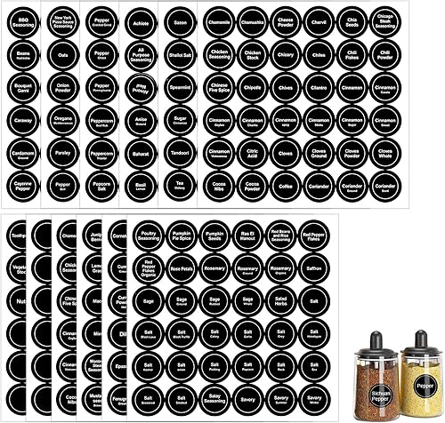 Savita Paquete de 432 etiquetas redondas preimpresas para tarros de especias de 1.4 pulgadas para condimentos para estante de especias (negro)