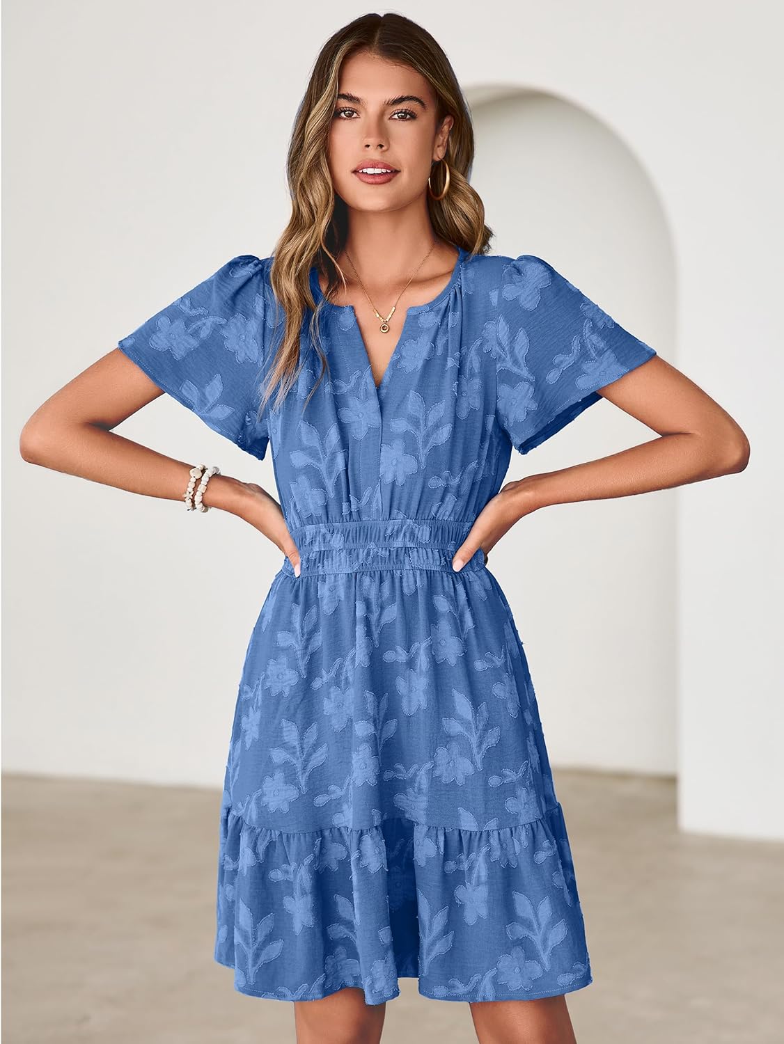 Simplee Womens Summer Floral Dress Casual Short Sleeve V Neck Empire Waist Boho Flowy A Line Mini Wedding Guest Dresses - Image 9