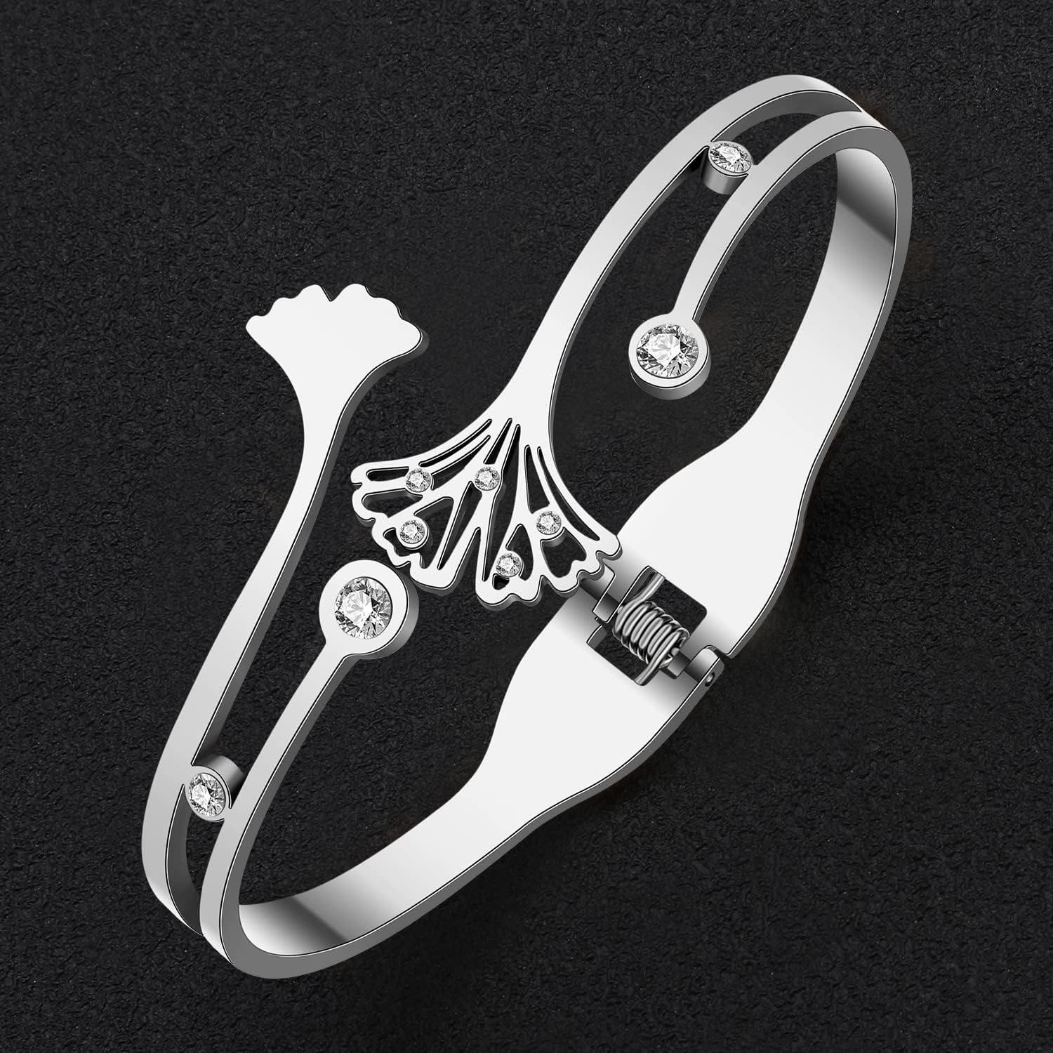 Stainless Steel 18K Gold Silver Plated Rhinestone Fall Ginkgo Leaf Bangle Hollow Out Cuff Bracelets Novelty Jewelry For Women Charms Gifts Fun Accessories - Image 3