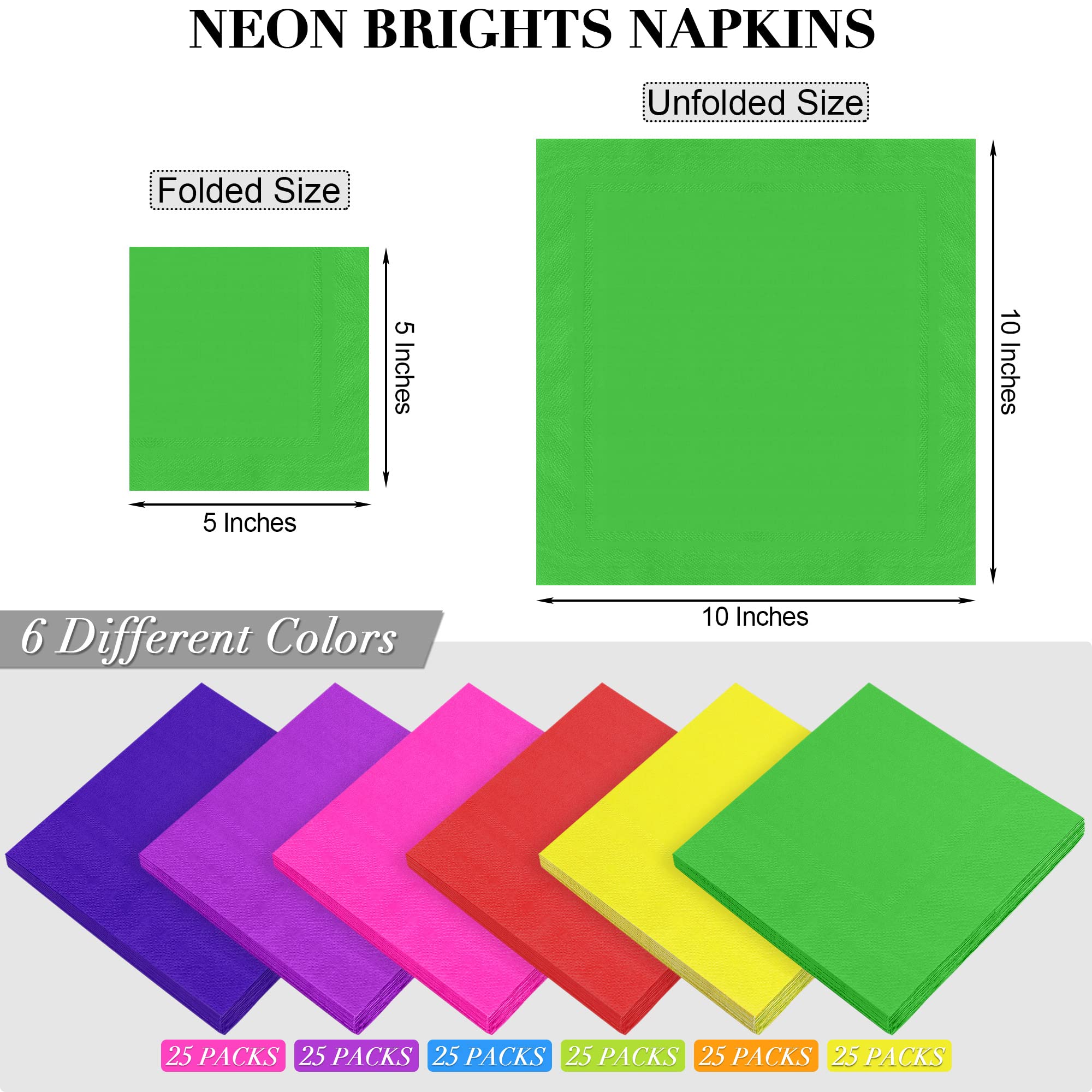 ADXCO 150 servilletas de cóctel de 6 colores neón brillantes, servilletas de papel de 2 capas, servilletas de papel de bebidas arcoíris para el hogar, fiesta, picnic
