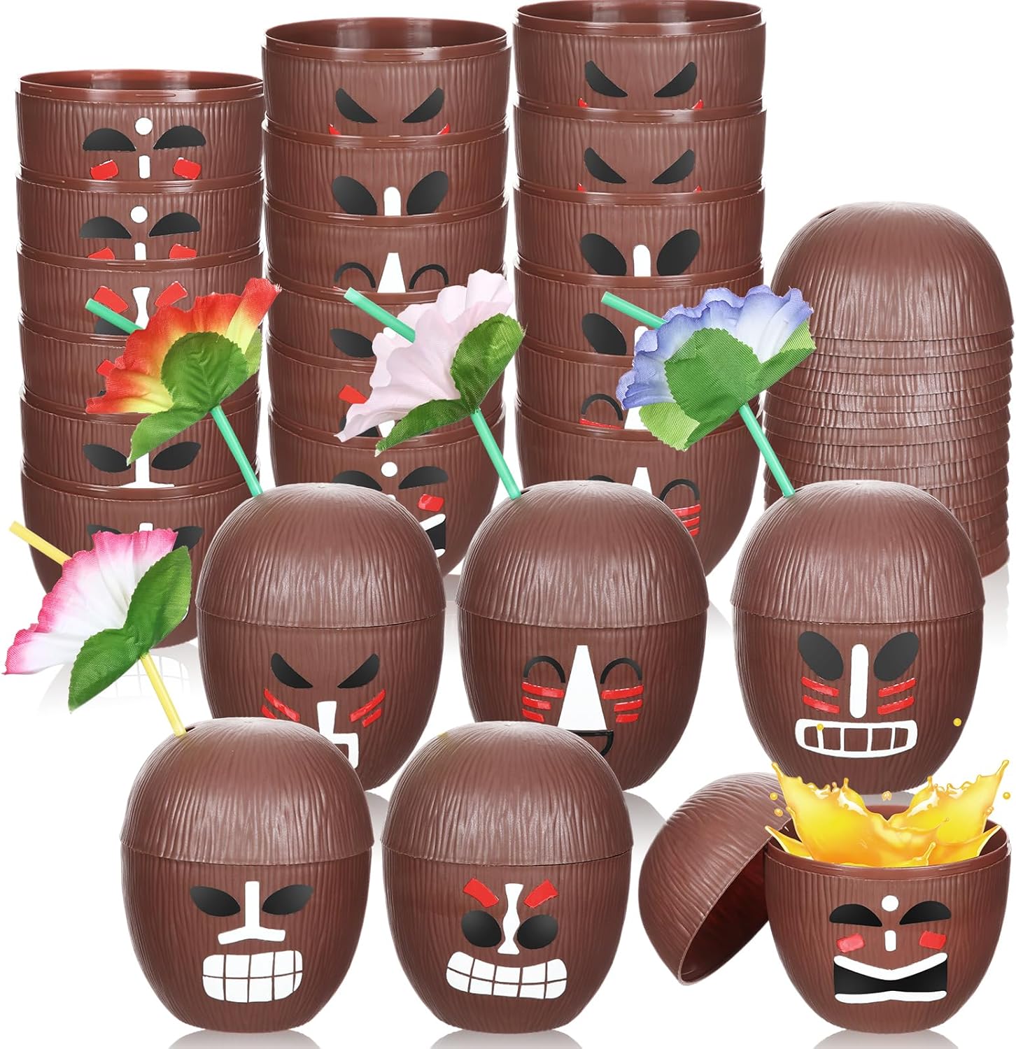 Yungyan 24 Sets Tiki Totem Coconut Cups with Straws 16oz Tiki Face Coconut Cups DIY Hawaiian Cup for Hawaiian Birthday Luau Party Summer Party Favors