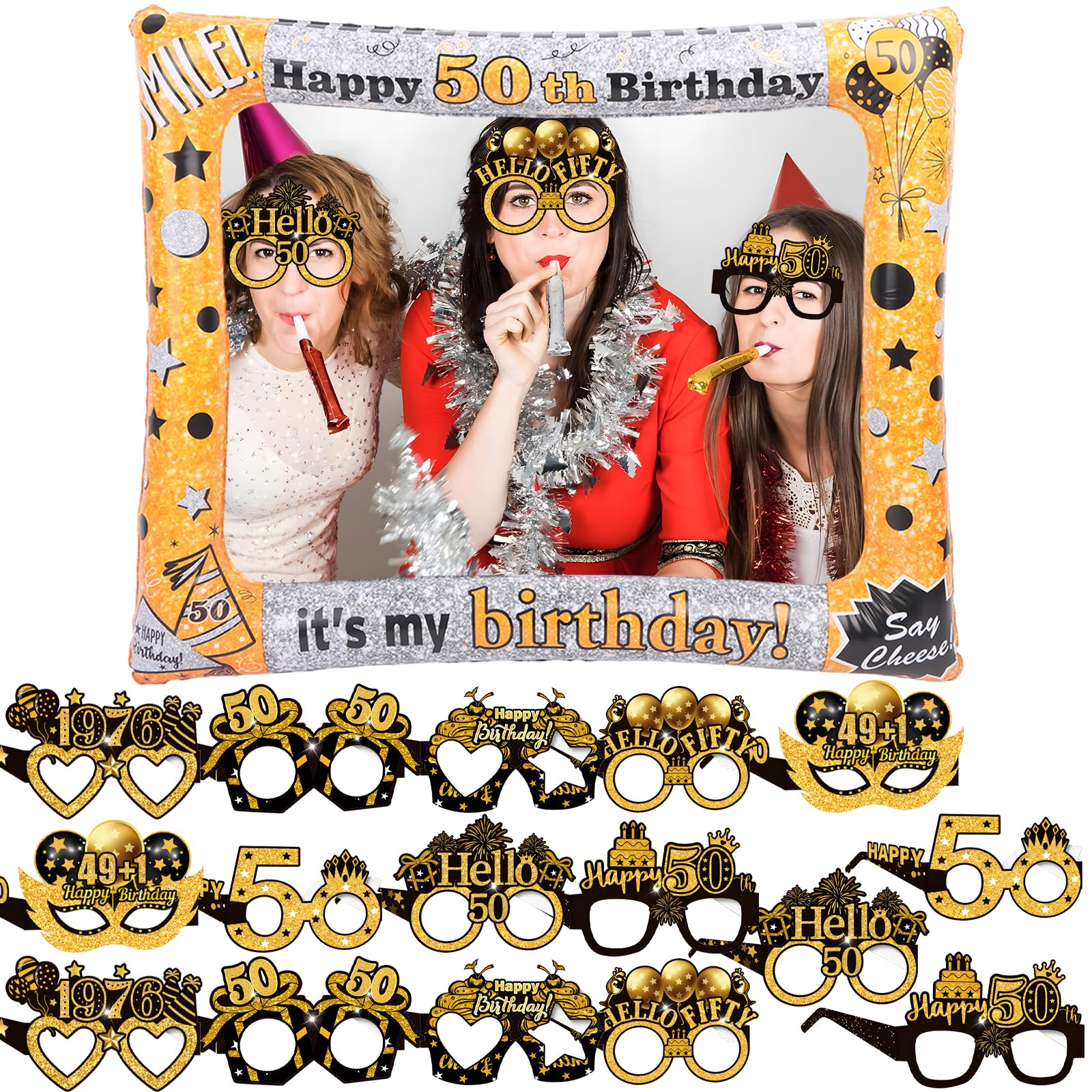 17Pcs Birthday Photo Booth Props Black Gold - 71 x 58cm 50th Inflatable Selfie Frame and 50th Birthday Glasses for Men Women Age 50 Party Supply (50th)