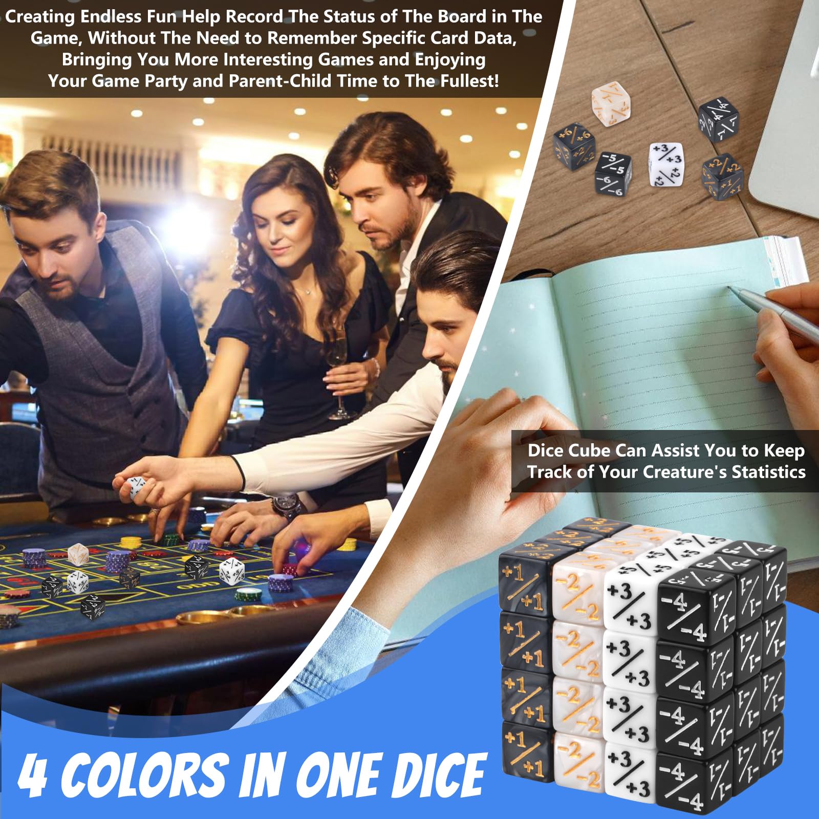 48 Stücke Würfel Zähler, 4 Farben Magic Set mit Plus- oder Minuszeichen, Magic The Gathering Würfel mit Aufbewahrungsbeuteln, Tokenwürfel für Tischspiele