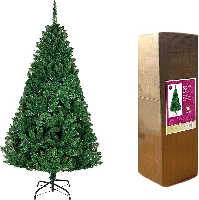 SHATCHI Bushy Imperial Pine Artificial Deluxe Christmas Tree Hinged Branches Pencil Point Tips with Metal Stand Xmas Home Decorations, PVC, Green, 7Ft/210CM