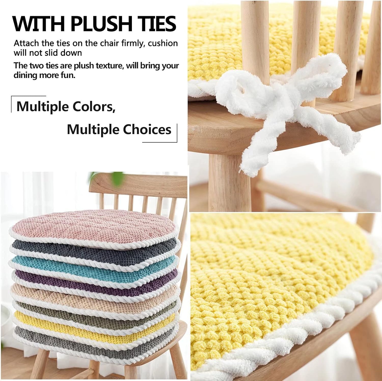 YSCO Chair Cushions with Ties Plaid, Chair Pads for Dining Chairs Non Slip, Seat Cushions for Kitchen Chairs Washable, Detachable Seat Pads for Dining Room 16x16 Yellow