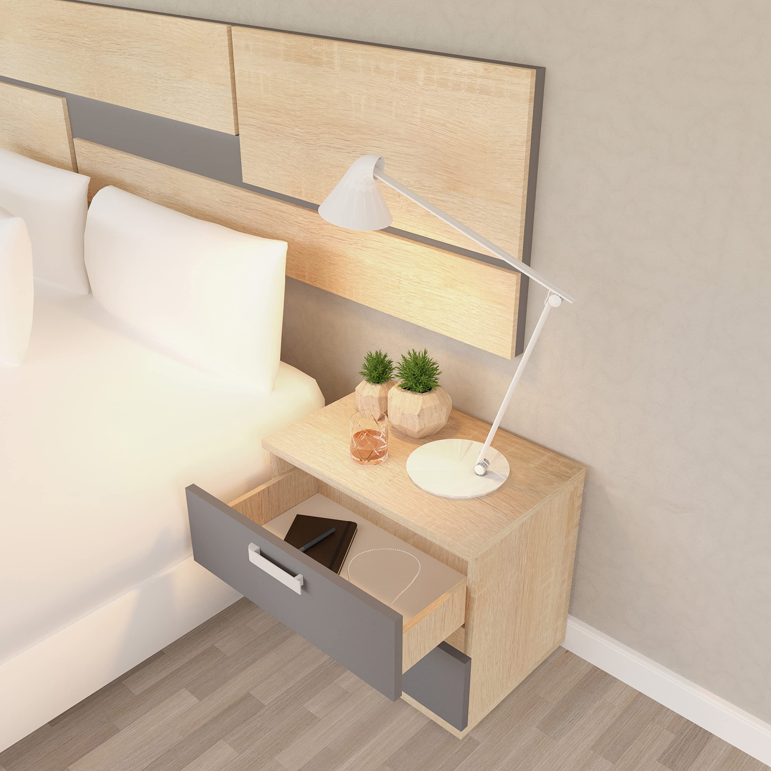 duehome Pack de Dormitorio con Cabecero + 2 mesitas de Noche + Comoda y Espejo, Conjunto de Dormitorio, Dormitorio Completo, Modelo Ataneq Pure 4c, Acabado en Cambria y Grafito, Grande