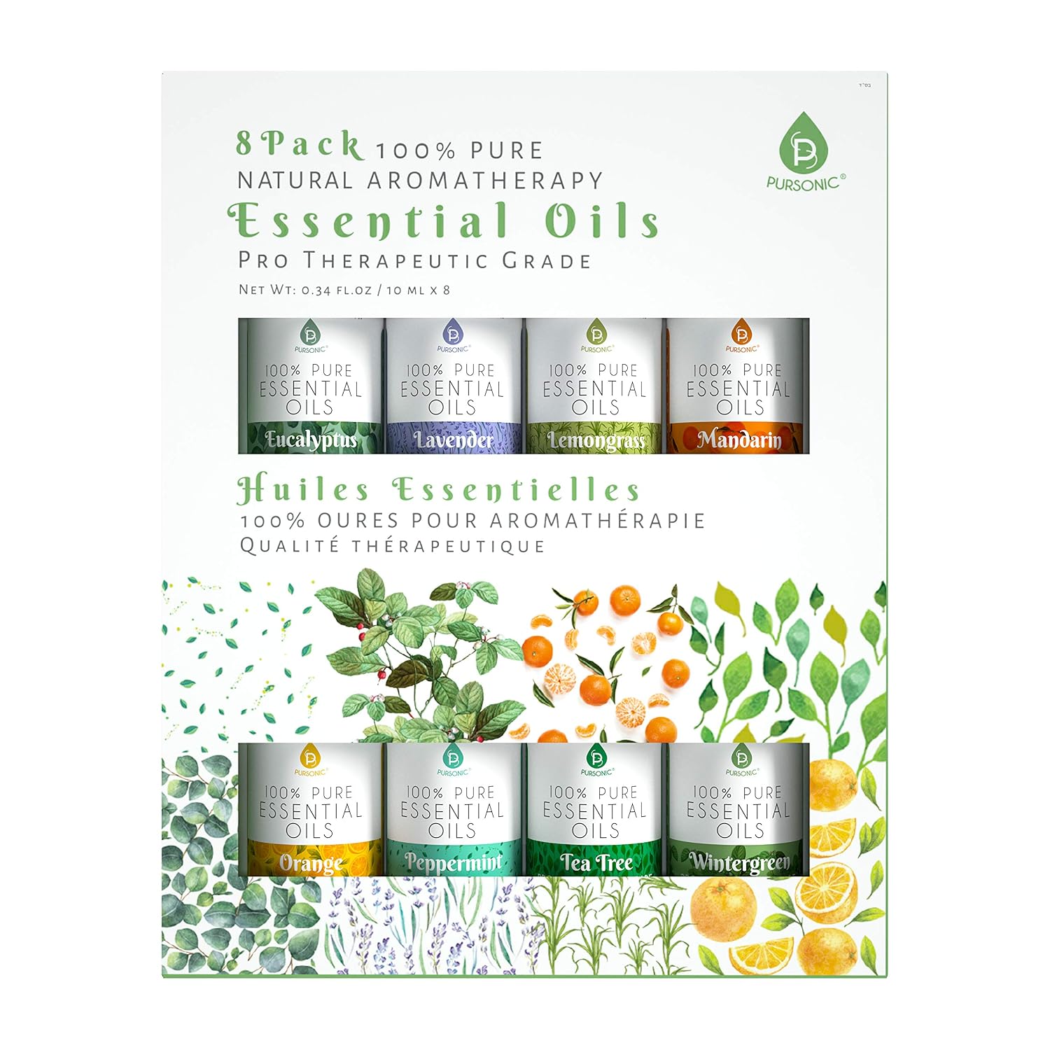 :Pursonic 100% Pure Essential Aromatherapy Oils Gift Set-8 Pack, 10ML Eucalyptus, Lavender, Lemongrass, Mandarin, Orange, Peppermint,Tea Tree & Wintergreen