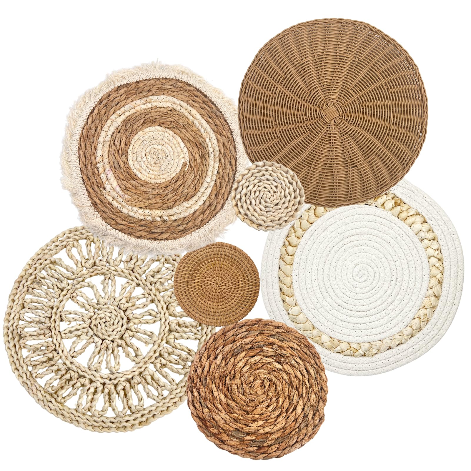 CODOHI Set of 7 Boho Wall Baskets, Wall Hanging Rattan Decor, Flat Round Woven Water Hyacinth Corn Husk Farmhouse Handmade Macrame Hanging Woven