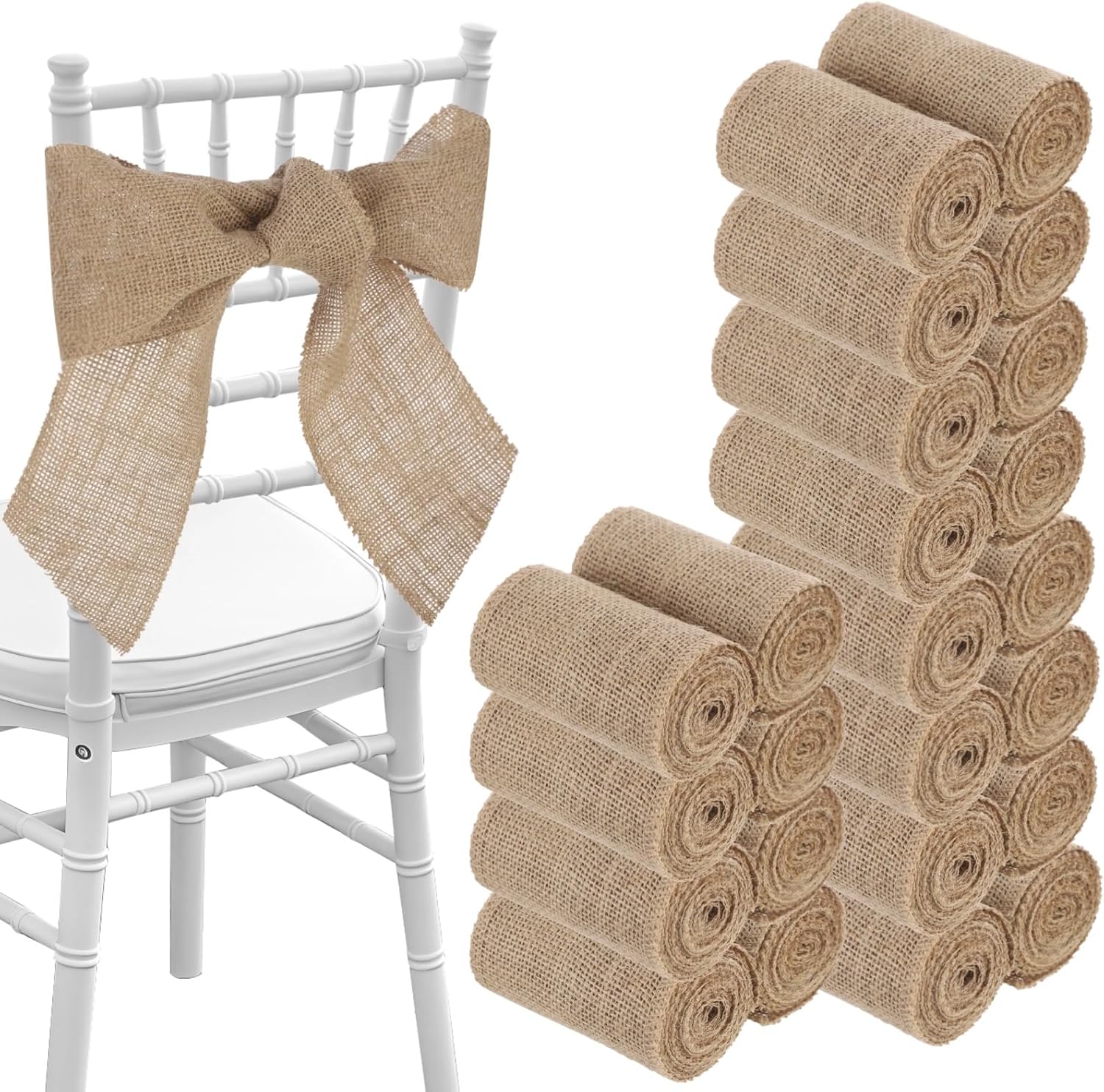 ZALIR 24 Pcs Burlap Ribbon Set, 3.9 in x 78.7 ft Natural Jute Bow Ribbon Ties, Burlap Chair Sashes for Crafts, Rustic Wedding Decorations, Vintage Floral Wrapping, Handmade Bows, Table Runners