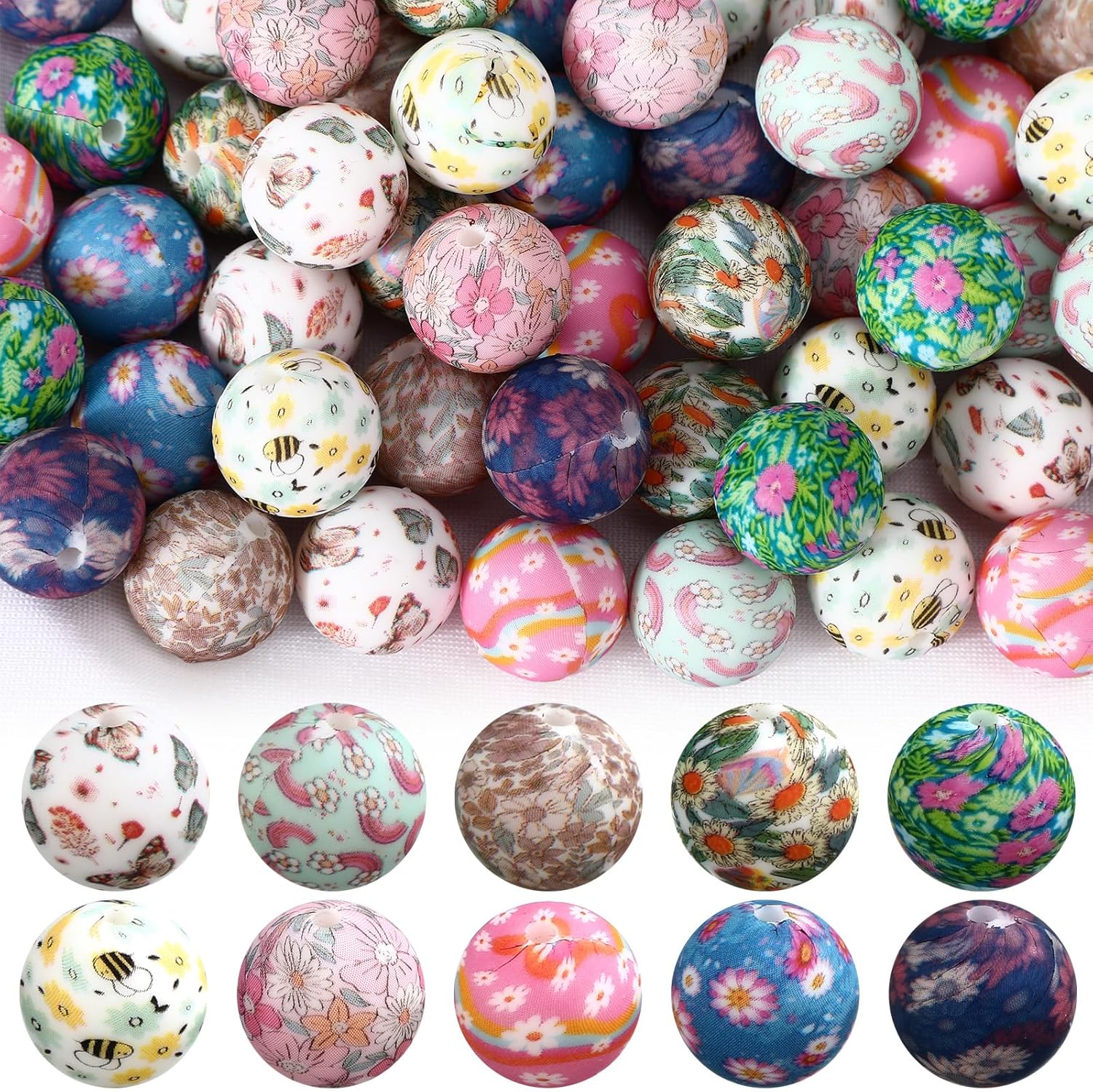 60 Pcs 15mm Silicone Beads Bulk Spring Ditsy Floral Print Round Focal Beads Rubber DIY Silicone Loose Bead for Bracelet Making Kit for Keychain Pens Necklace Bracelets Jewelry Making