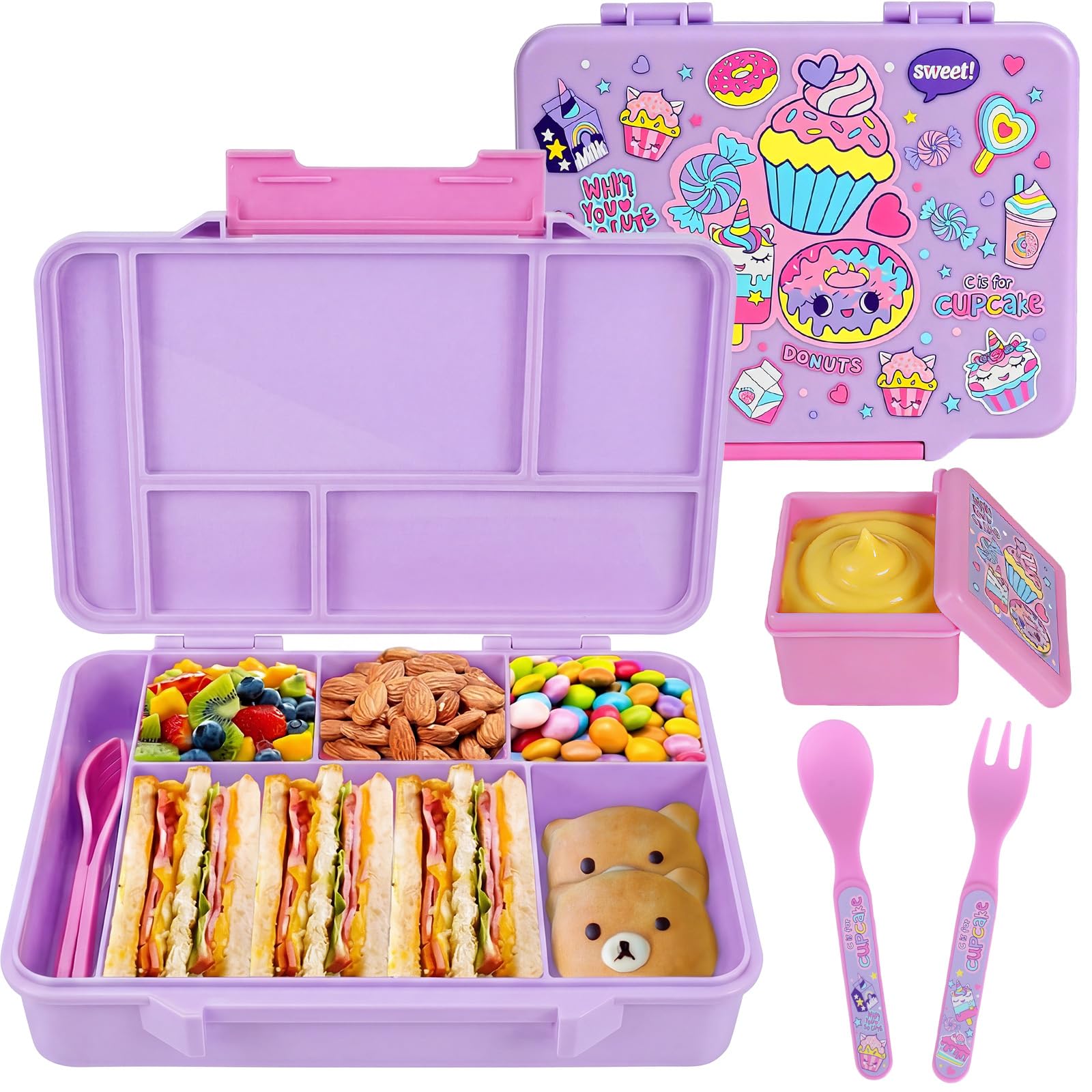 PinkSheep Bento Lunch Boxfor Kids, 1300 ml BPA-Free Leak-Proof Children Food Containerswith Compartments Tableware and Salad Box for Boys Girls (Dessert)