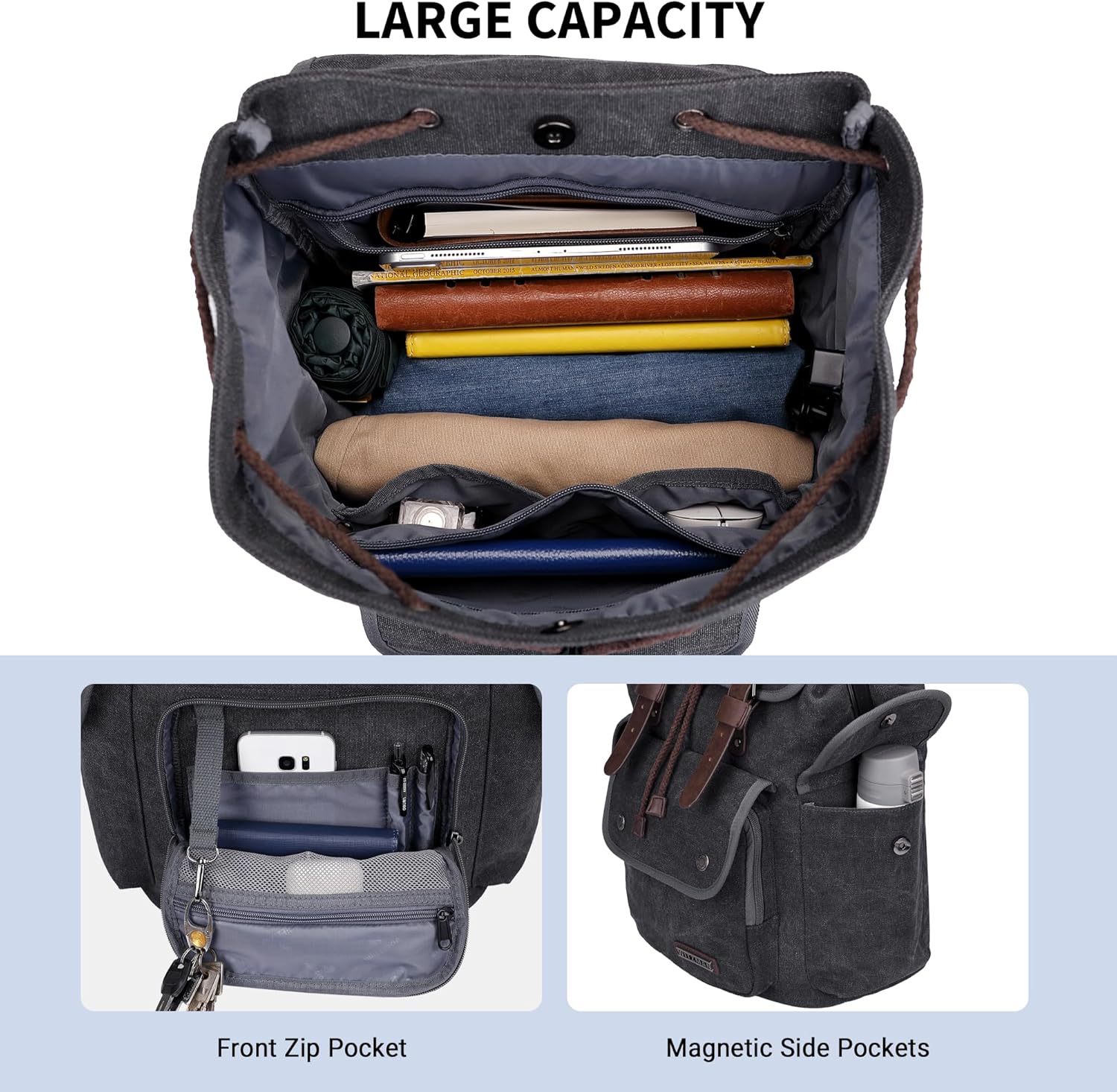 WITZMAN Canvas Backpack for Men Vintage Rucksack Fit 15.6 inch Laptop Backpack Travel High Capacity Casual Daypack (A8004 Black/Gery - Image 5