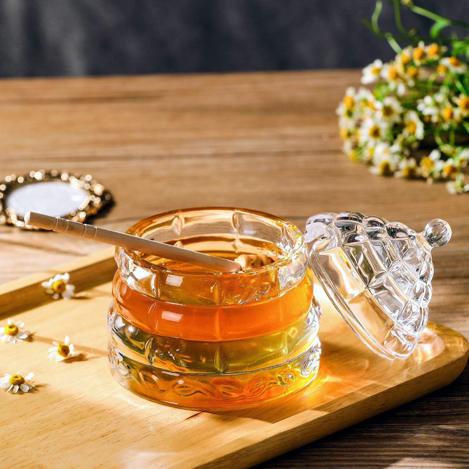 1500 C - Vaso per miele da tavolo con vaschetta e coperchio, 232,5 g, in vetro pesante, per marmellata, gelatina, casa, cucina, tè