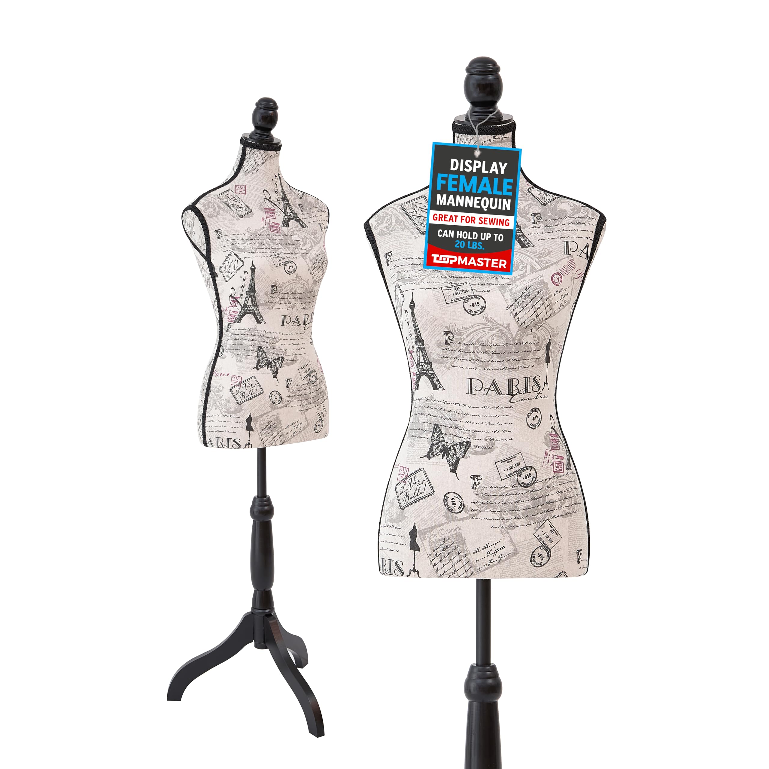 Mannequin - Adjustable Height, Durable Foam and Canvas Construction, Wooden Base, Compact Shoulder Width, Lightweight, Versatile Display for Clothing and Accessories, Black & White