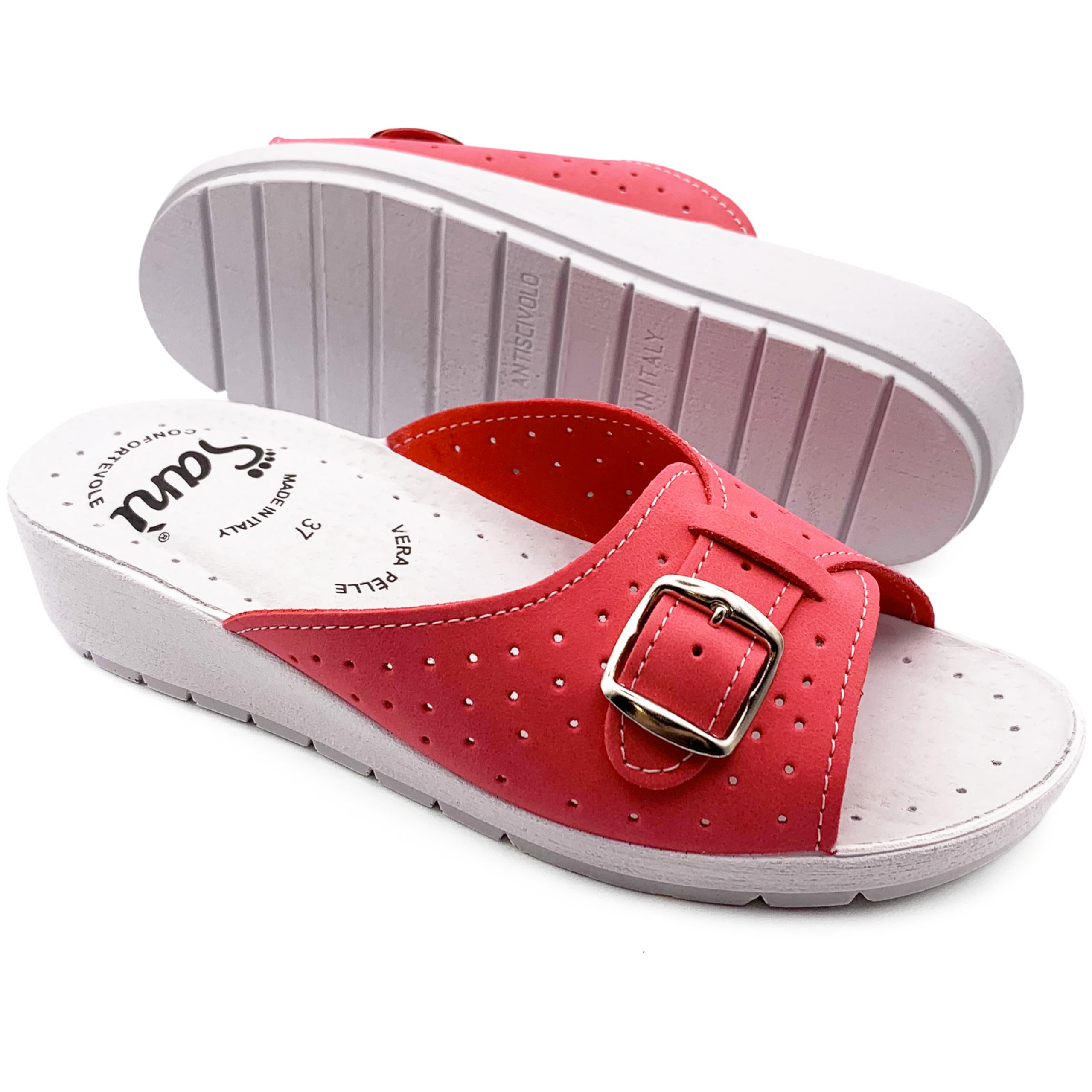Ciabatte Donna Estive Comode Pantofole in Vera Pelle con Fibbia Regolabile a Punta Aperta Sandali Sanitari con Fascia