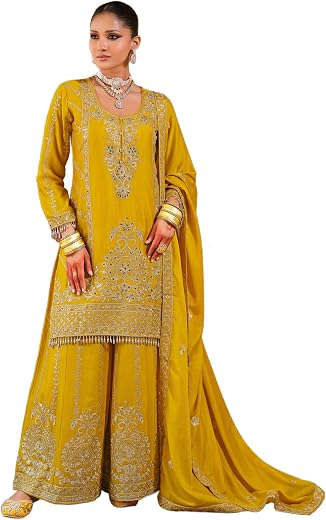 INDO ERA Women's Chinon Ethnic Motifs Embroidered Straight Kurta &amp; Palazzo with Dupatta Set (IEOUT203)