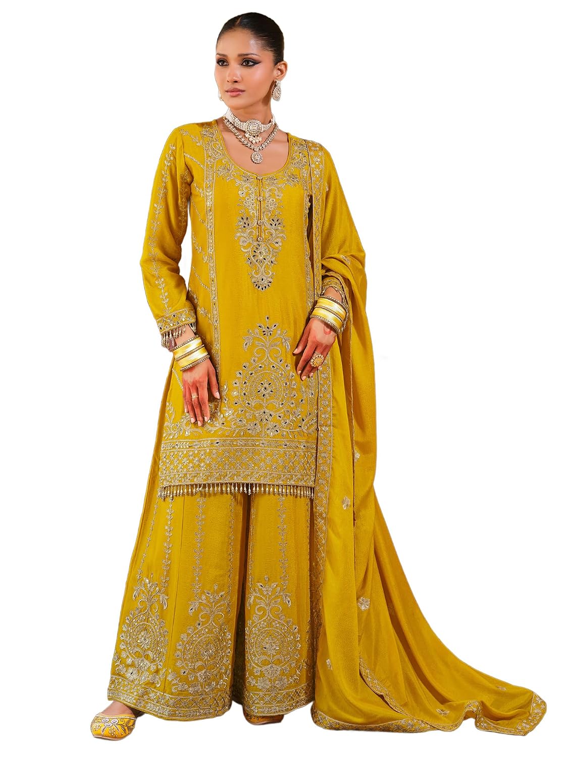 INDO ERA Women's Chinon Ethnic Motifs Embroidered Straight Kurta & Palazzo with Dupatta Set (IEOUT203) - Review, Price and Buying Guide