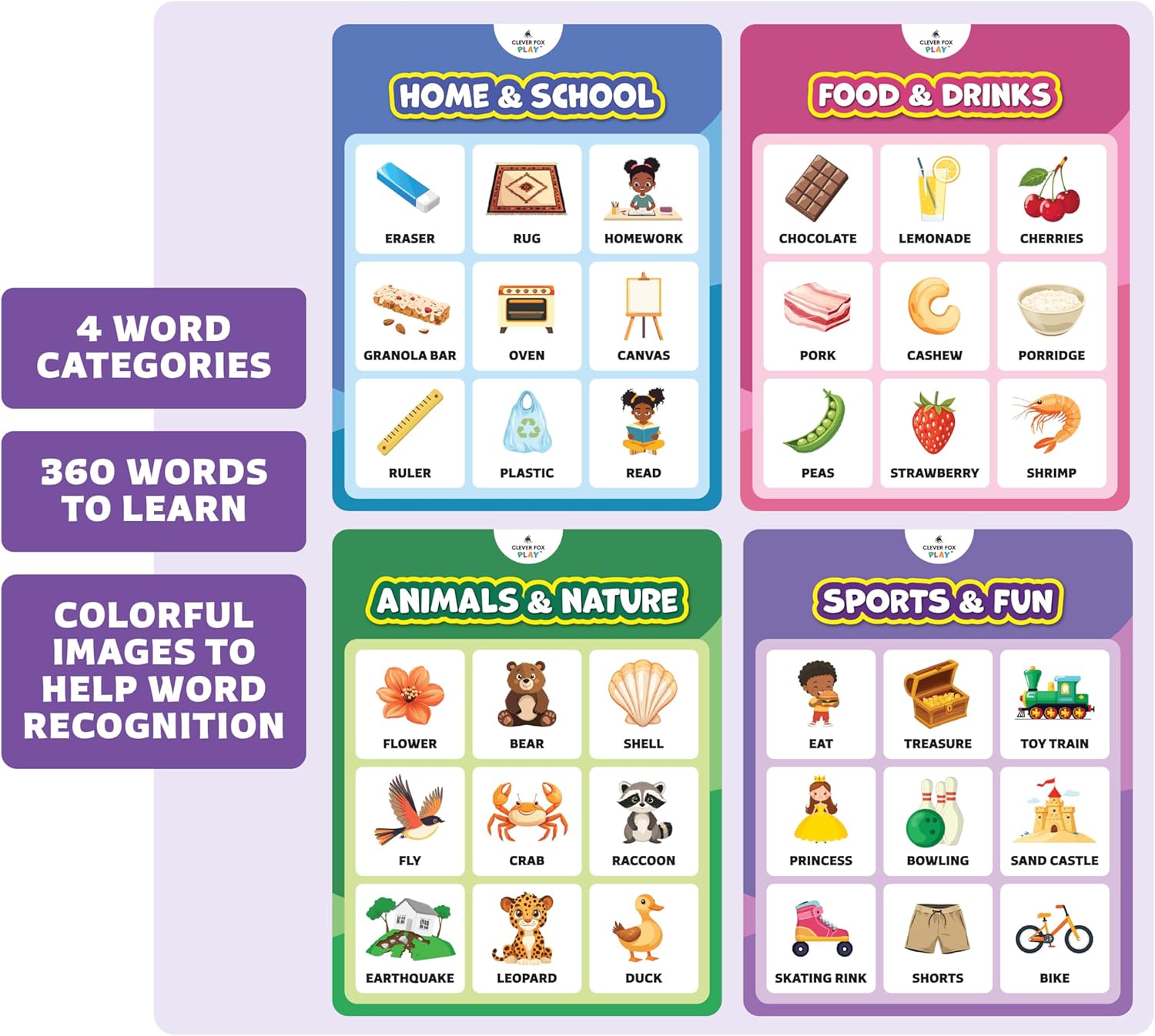 Clever Fox Bingo Game for Kids Ages 4-8 - No Reading Required - Family Sight Word Bingo with 4 Picture Themes - Animals, Food, Home, Sports – 120 Cards for Preschool, Kindergarten Homeschool Learning