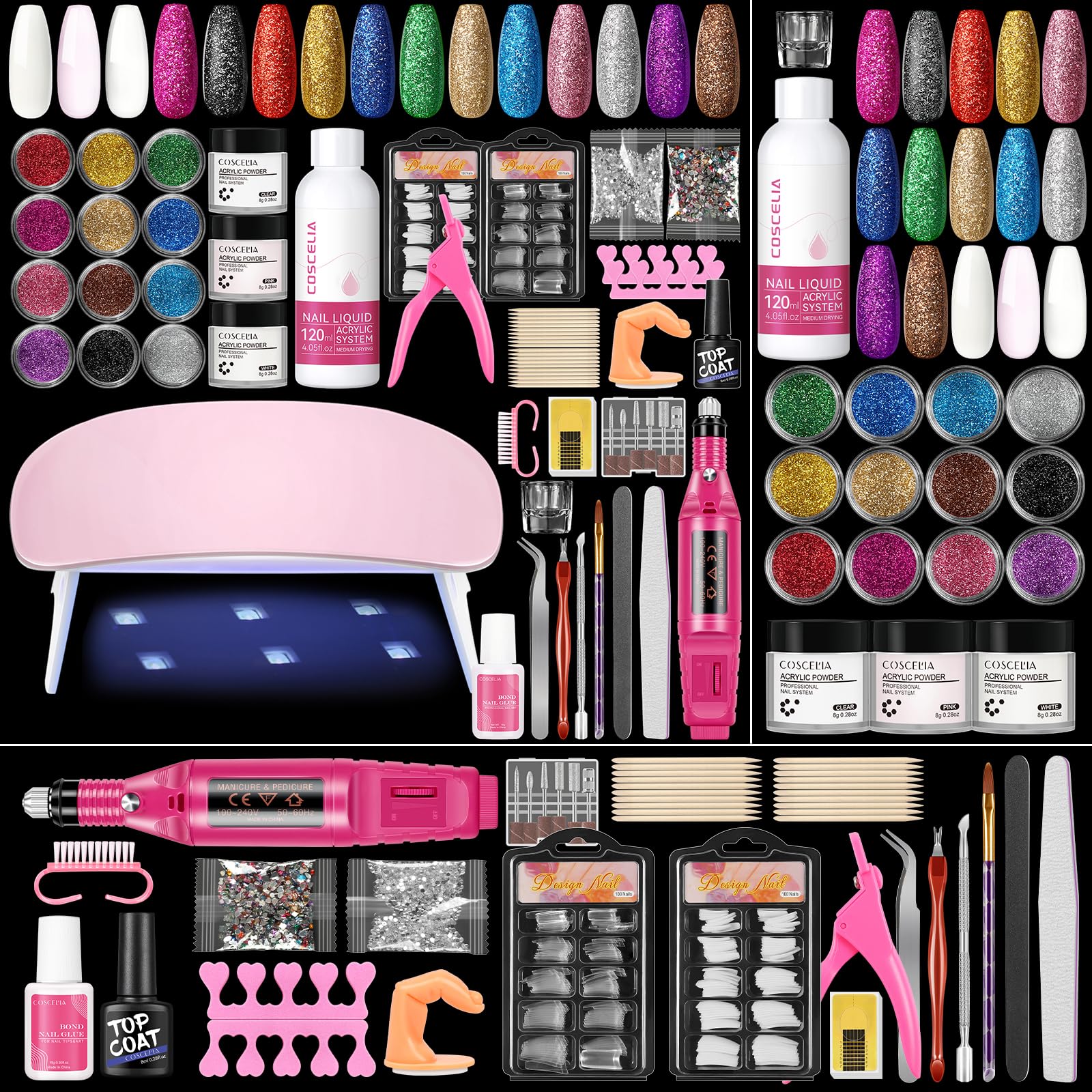 Coscelia Kit Uñas Acrilicas para Extensión Completo con UV Lámpara, Acrilicas para Uñas Profesional Monómero y Limas Para Uñas Manicura Eléctrica, Kit Manicura Semipermanente Uñas Arte Set
