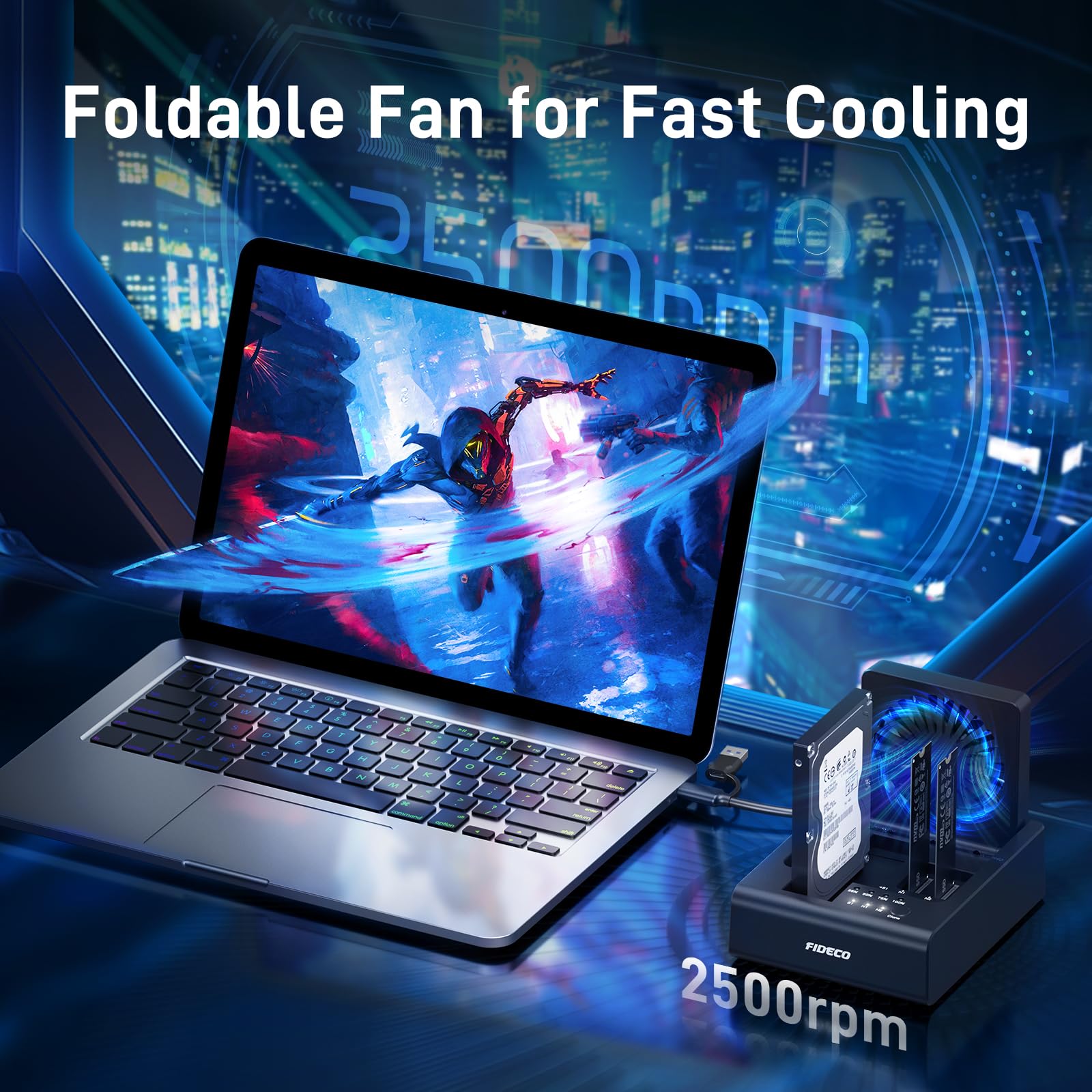 FIDECO HDD/M.2 NVMe SSD Cloner Docking Station, USB 3.2 Gen 2 (10 Gbit/s), 3-Bay Festplatten-Cloner-Dock für M.2 NVMe SSD und 2,5"/3,5" SATA HDD, mit klappbarem Lüfter