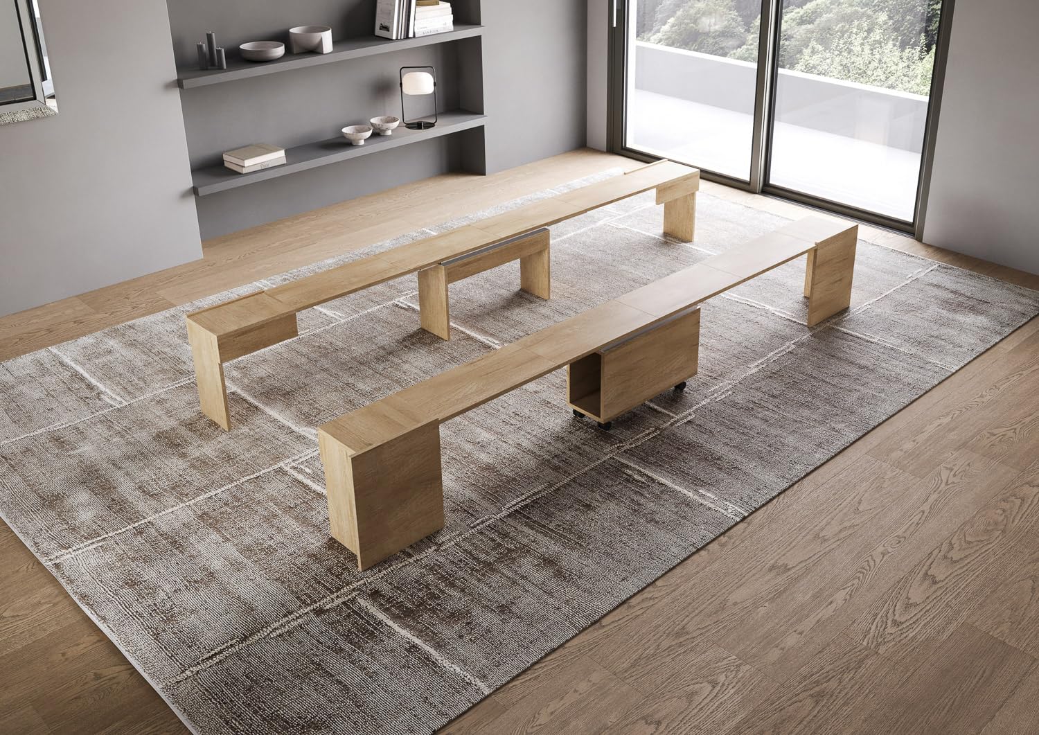 Liberoshopping Panca con ruote ELIA in legno allungabile fino a 300 cm capienza 6 posti (Bianco Frassino