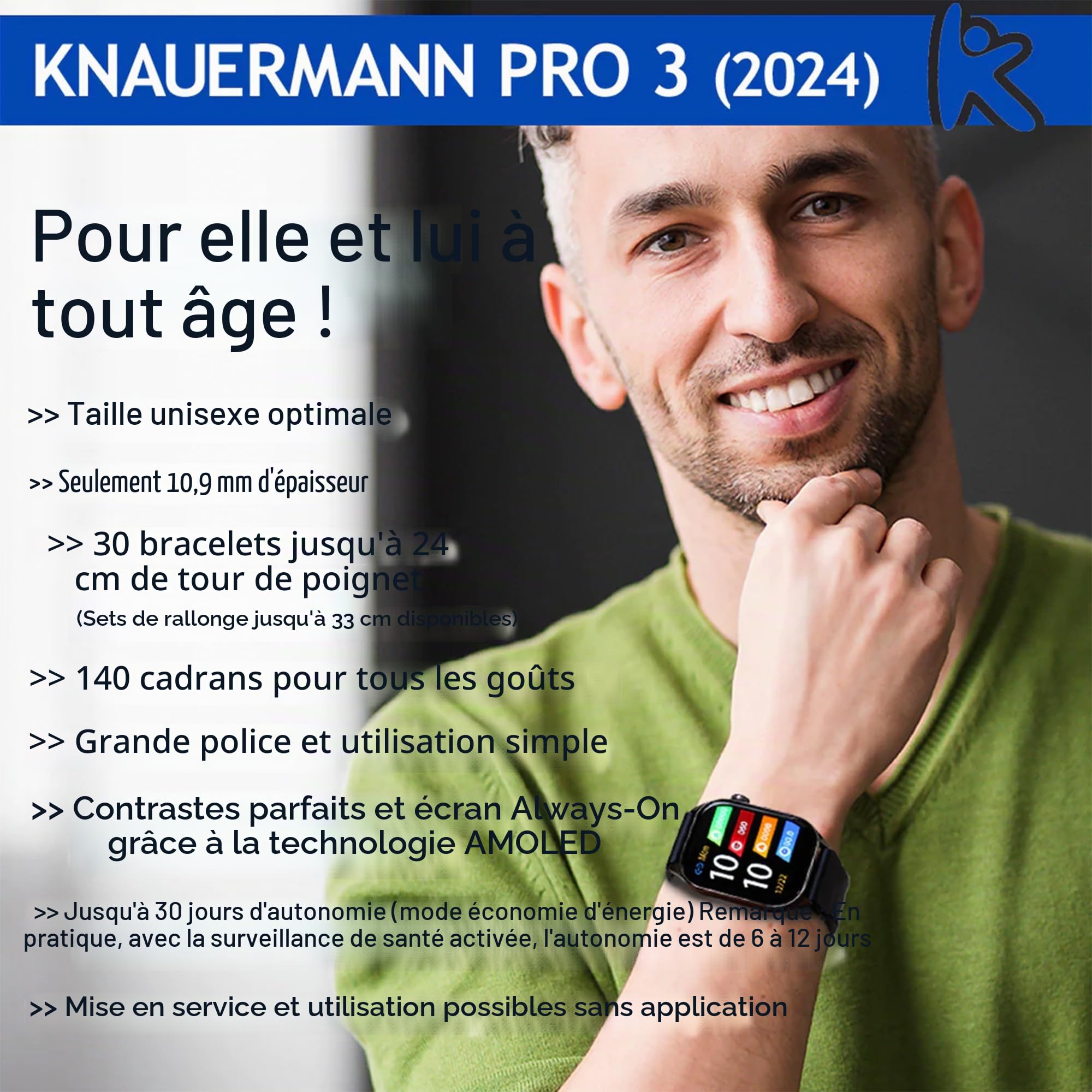 Knauermann Pro 3 (2024) Noir - Montre sanitaire Smartwatch avec Fonction téléphonique - Capteurs OSRAM - Fonction ECG + HRV - BT Bluetooth - Apnée du Sommeil - Pression artérielle - Bracelet en