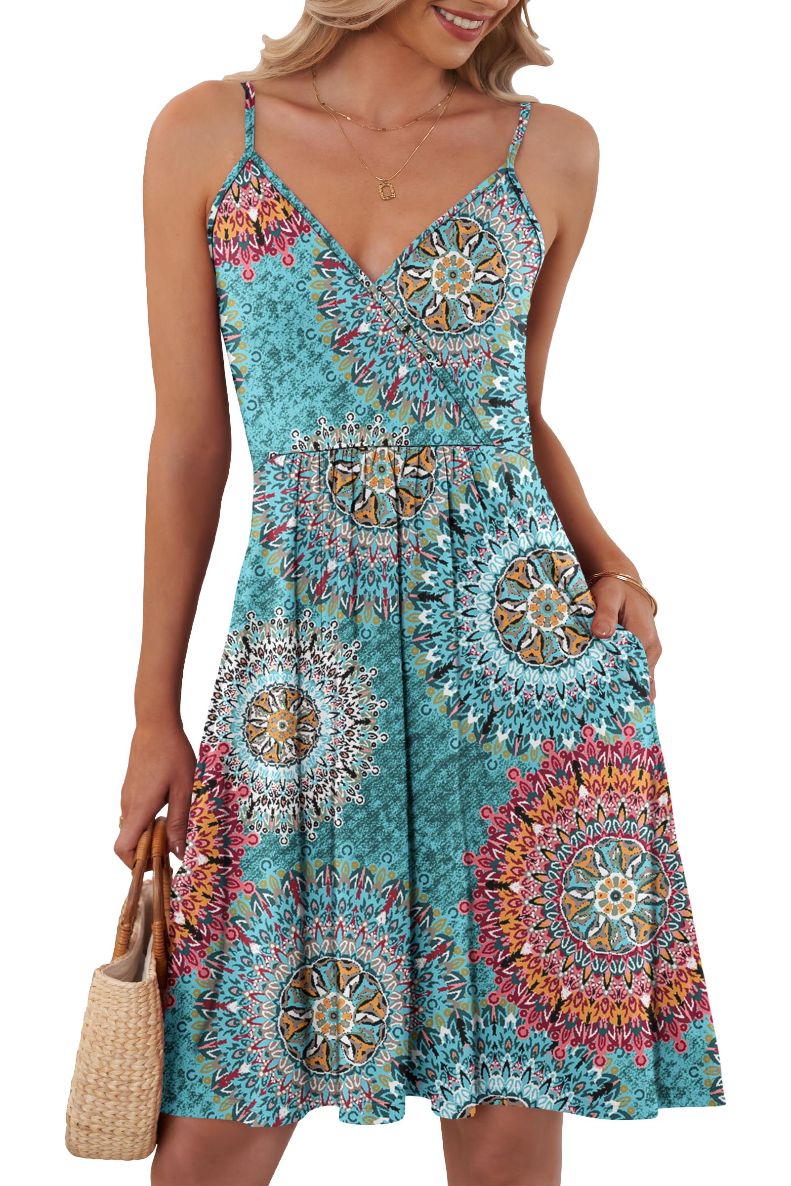 AUSELILY Women's Summer Casual Swing Sleeveless V Neck Dresses with Pockets Print Green XXL
