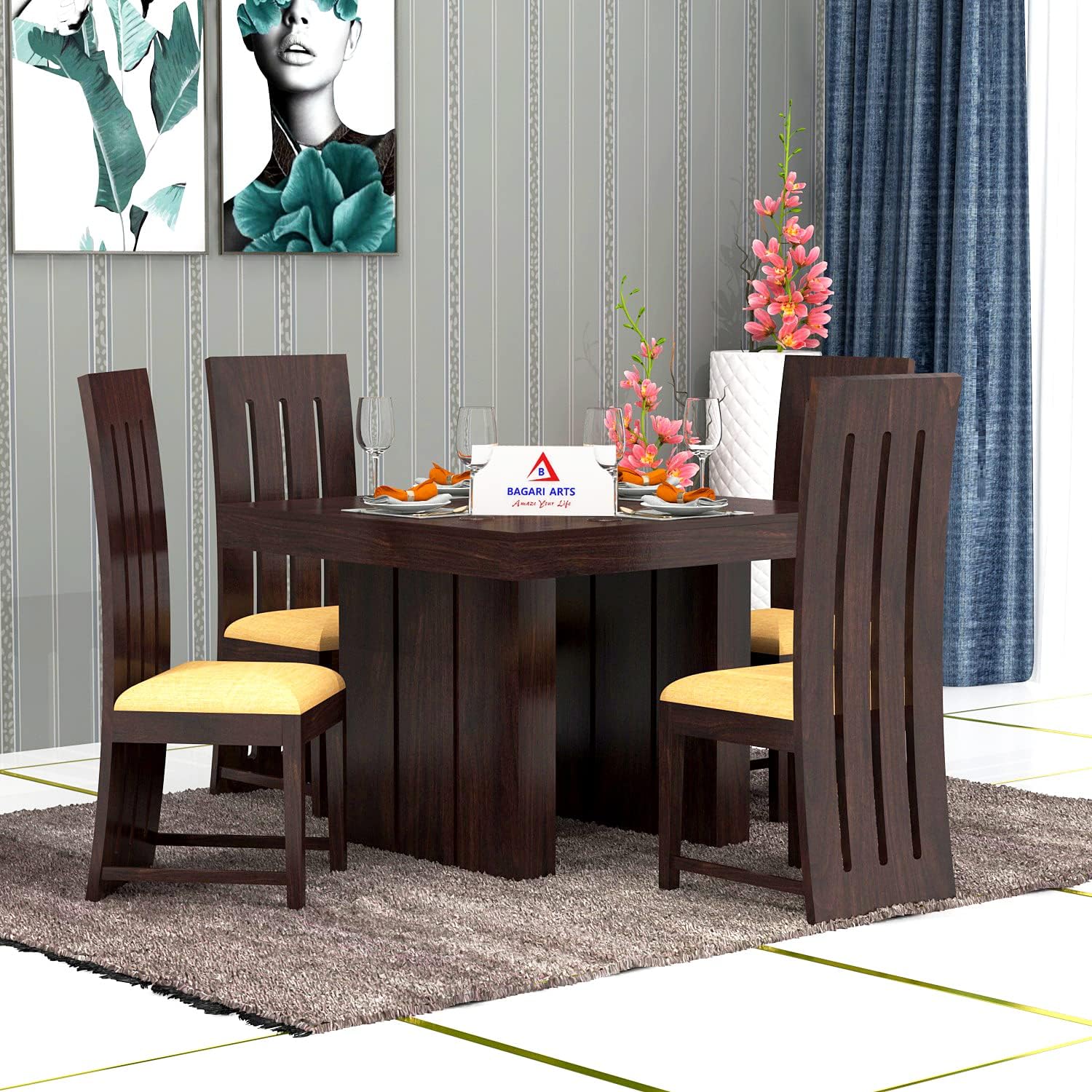 Wooden Solid Sheesham Wood Dining Table 4 Seater Dining Table with Chairs | Dining Table Set | Dining Room Furniture | Four Seater Dining Set | 4 Seater | Walnut Finish