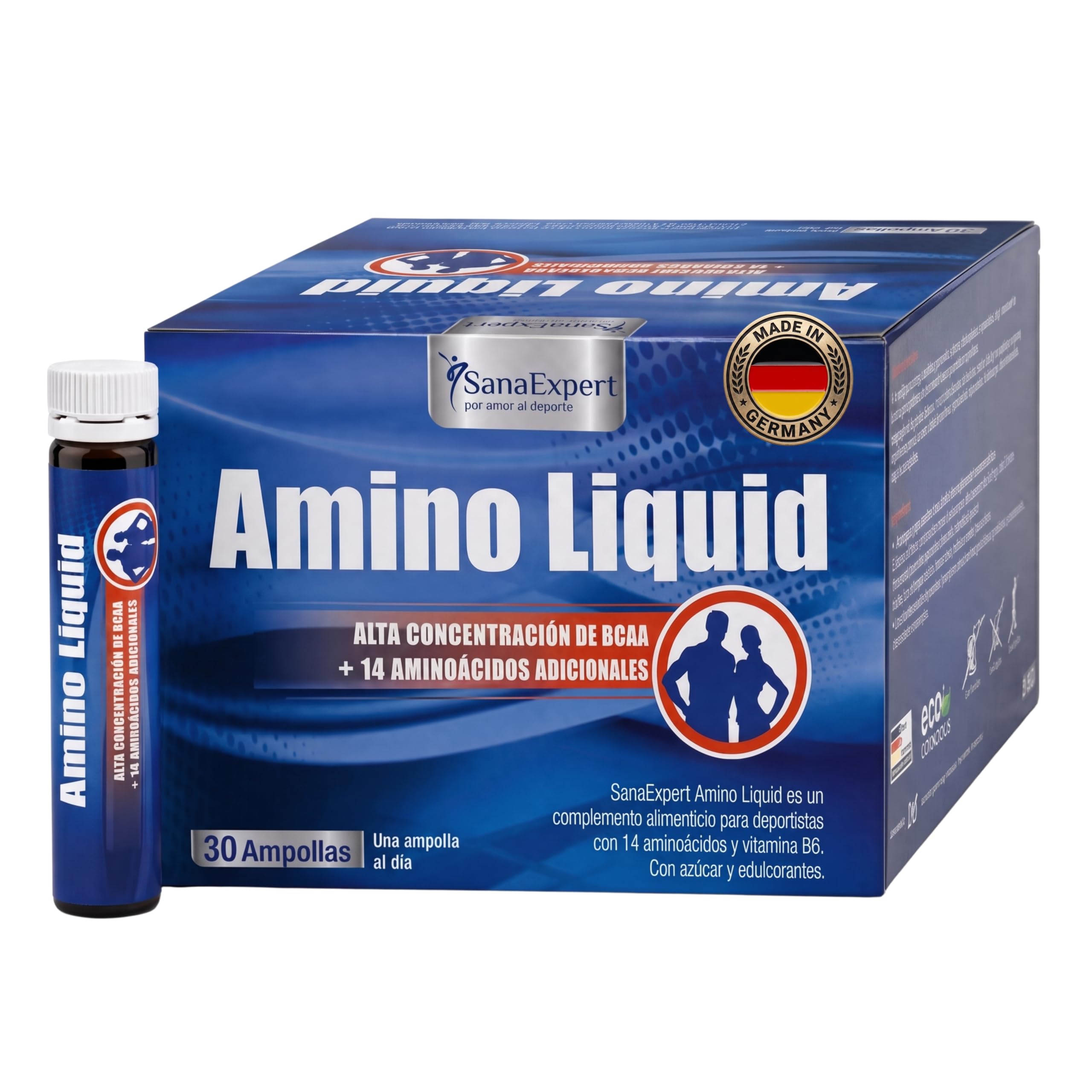 SanaExpert Amino Liquid - Suplemento Líquido con BCAAs, L-Arginina y Extracto de Té Verde para la Recuperación y Desempeño Deportivo - Sabor Pomelo - 30 Ampollas - Fabricado en Alemania