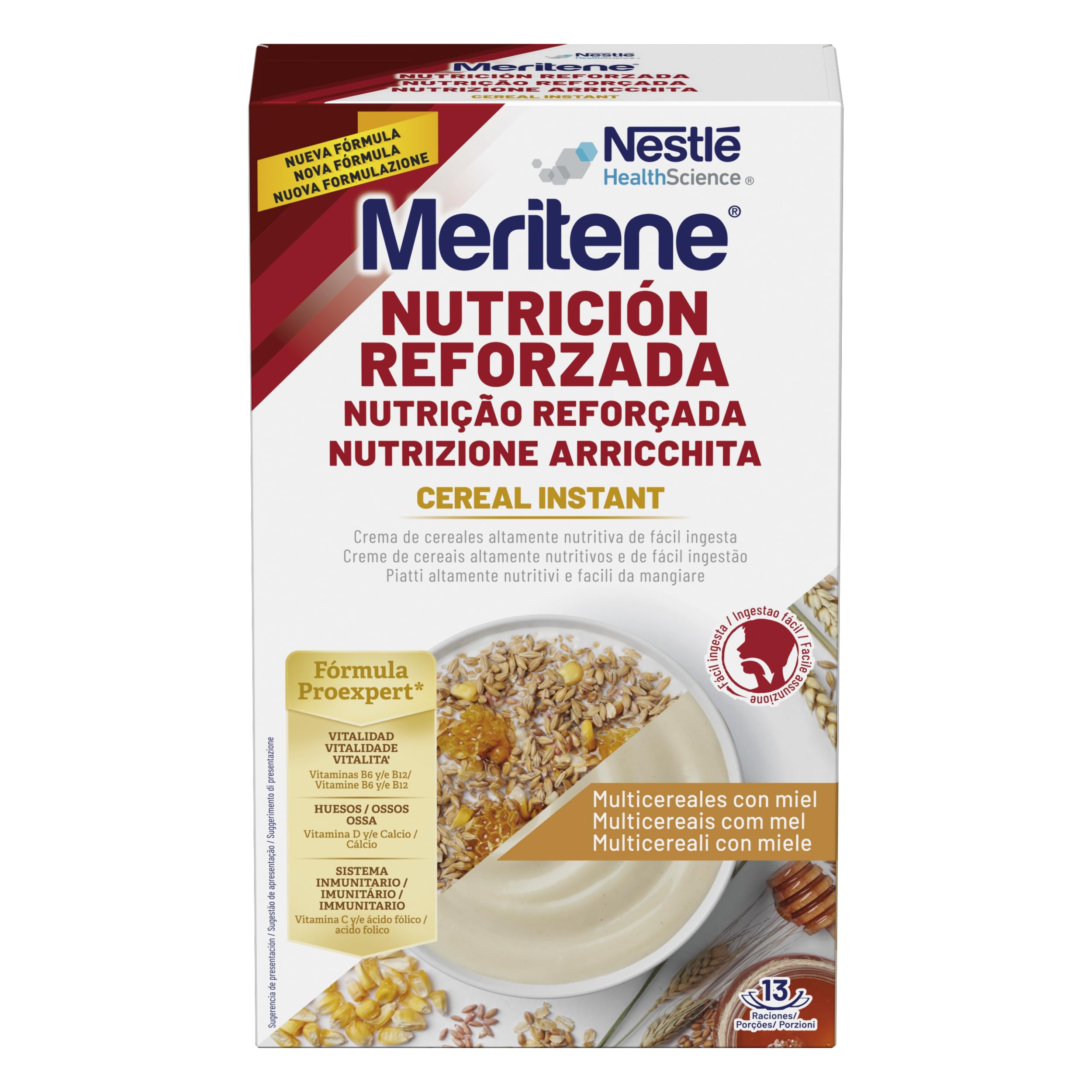 Meritene, Cereales Instantáneos en Polvo para Papilla, Sabor Miel, Nutrición Reforzada para la Alimentacion de Adultos con Disfagia y Dificultades para Masticar, 1 Sobre 520 Gr