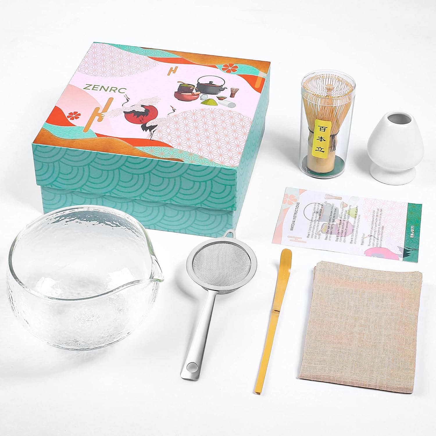 Complete Starter Matcha Bowl and Whisk Kit – Retro Japanese Traditional Bamboo Matcha Whisk (Chasen) – Scoop – Textured Glass Matcha Bowl with Spout- Whisk Holder – Ceremony Matcha tea Set