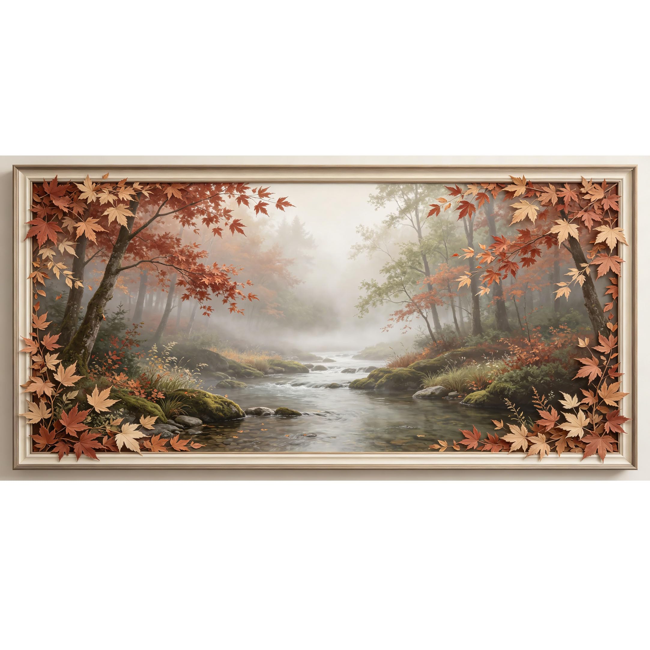 Agglomerix 3D Framed Wall Art Autumn Maple Leaves Forest River Landscape Scenic Large Size SelfAdhesive Removable Wall Decor Prints Artwork for Living Room Bedroom Office