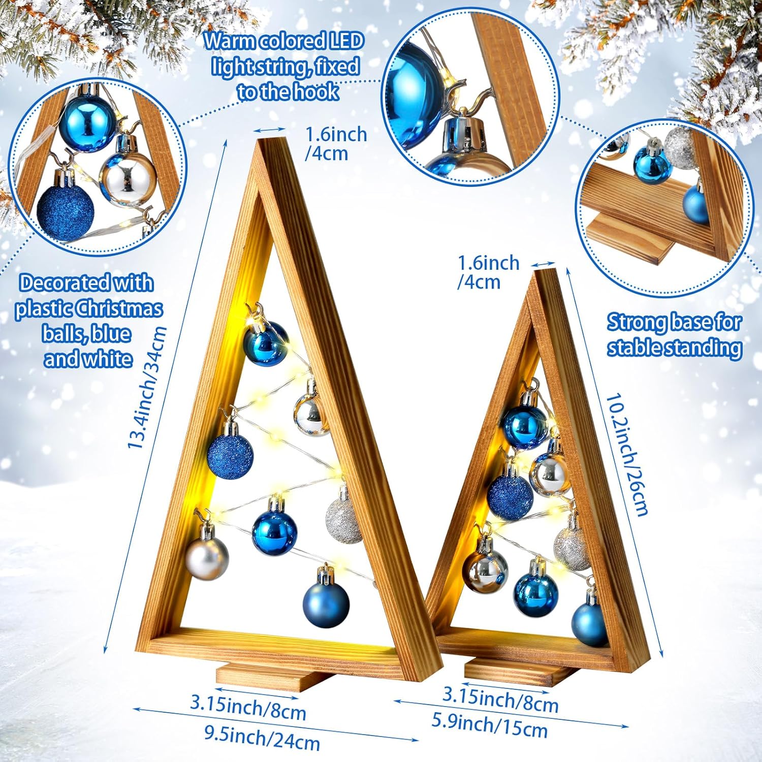 Hungdao 2 Pack Wooden Christmas Tabletop Tree with Lights and Balls Modern Farmhouse Christmas Table Centerpiece Decor for Winter Fireplace Mantle Shelf Home Decor(Blue, Silver)