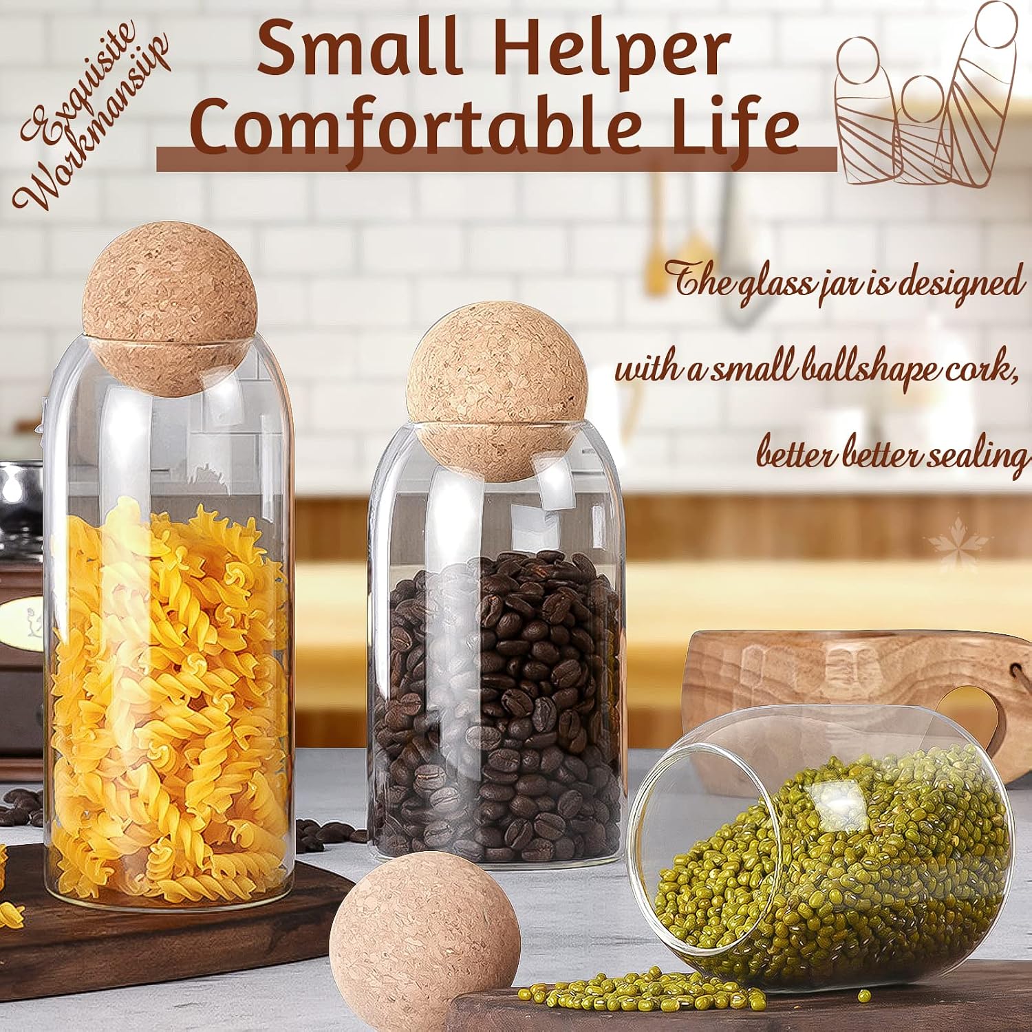 SuproBarware 3Pcs Glass Jar with Round Ball Cork,Coffee Bean Jar Glass Cork Clear Glass Bottles with Cork Glass Canisters for Food, Coffee, Sugar, Spice, Tea,DIY (500ml / 700ml / 1000ml)