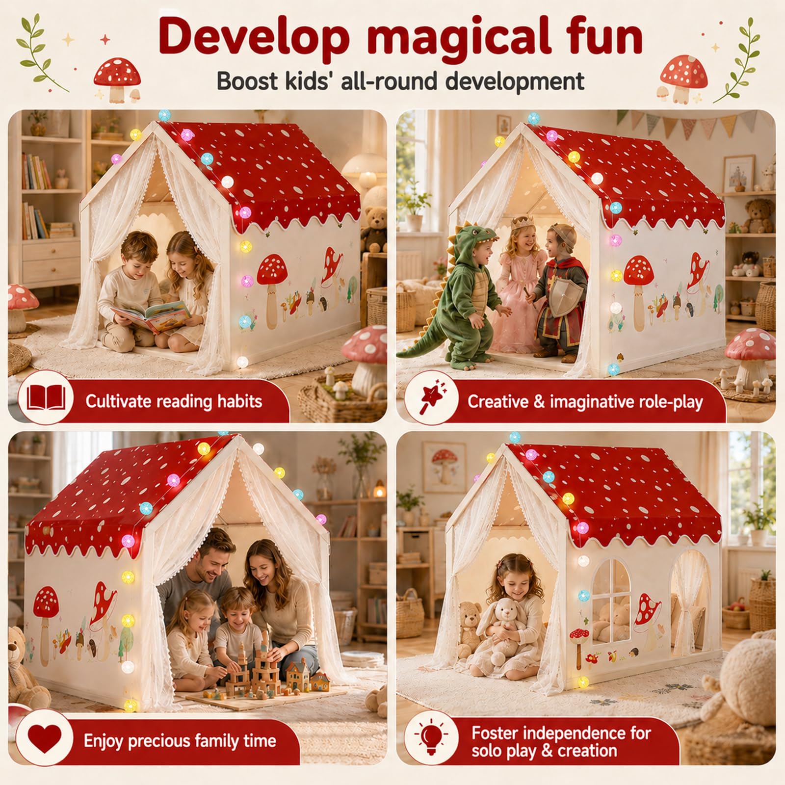 2 Türen Kinderzelt Indoor, Kinder Spielhaus Indoor, Kinder Bettzelt Spielzelt für Drinnen, Kinderspielhaus Kuschelecke Prinzessin Zelt mit Fenstern Lichterkette für Jungen Mädchen 105x160x128cm