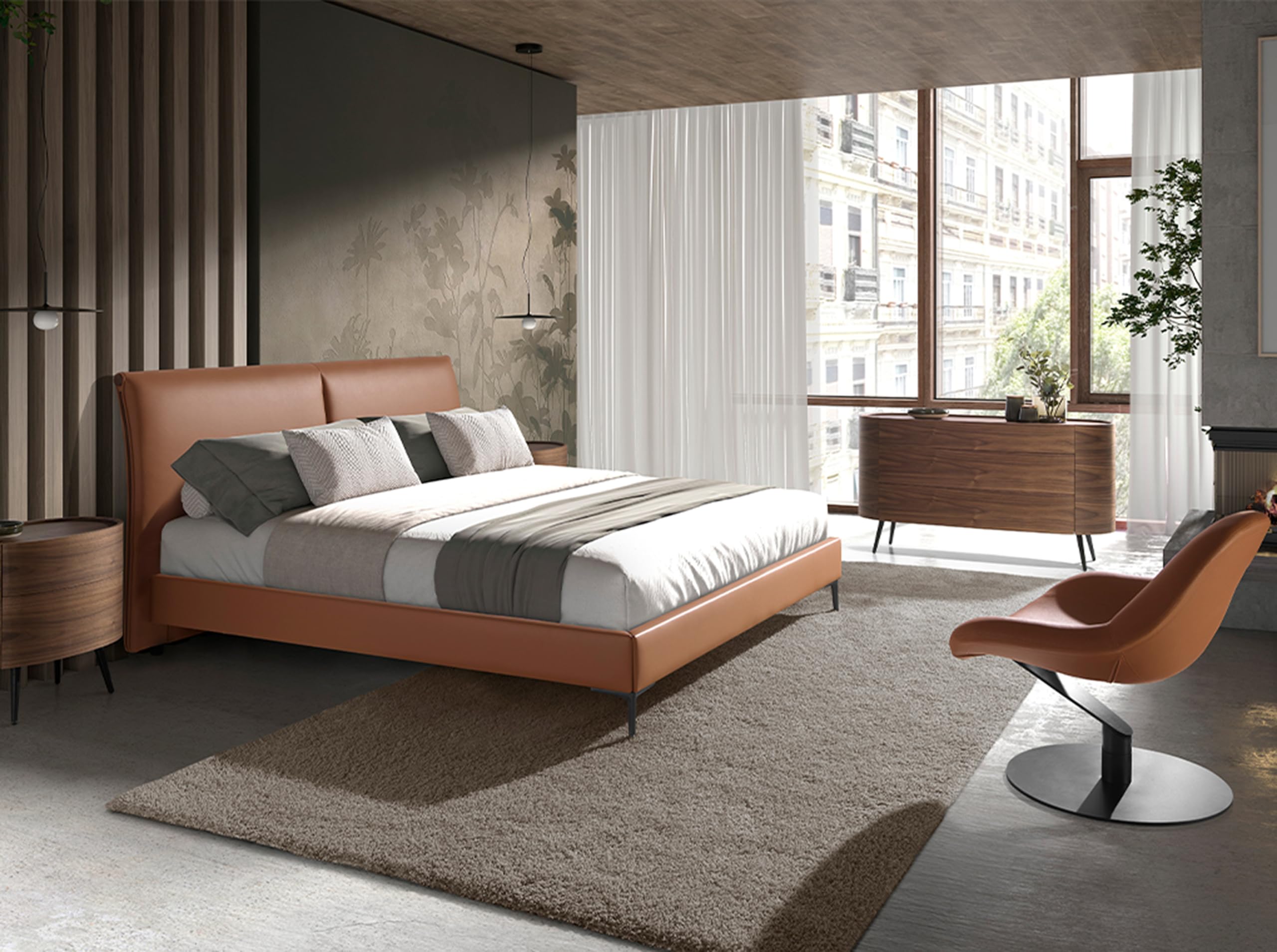 Angel Cerdá – Sillon Moderno Giratorio Tapizado en Polipiel Marrón, Giro 360º | Respaldo Alto y Reposabrazos | Patas de Acero Inoxidable Negro Mate | Diseño para Salón | 86 x 83 x 79 cm