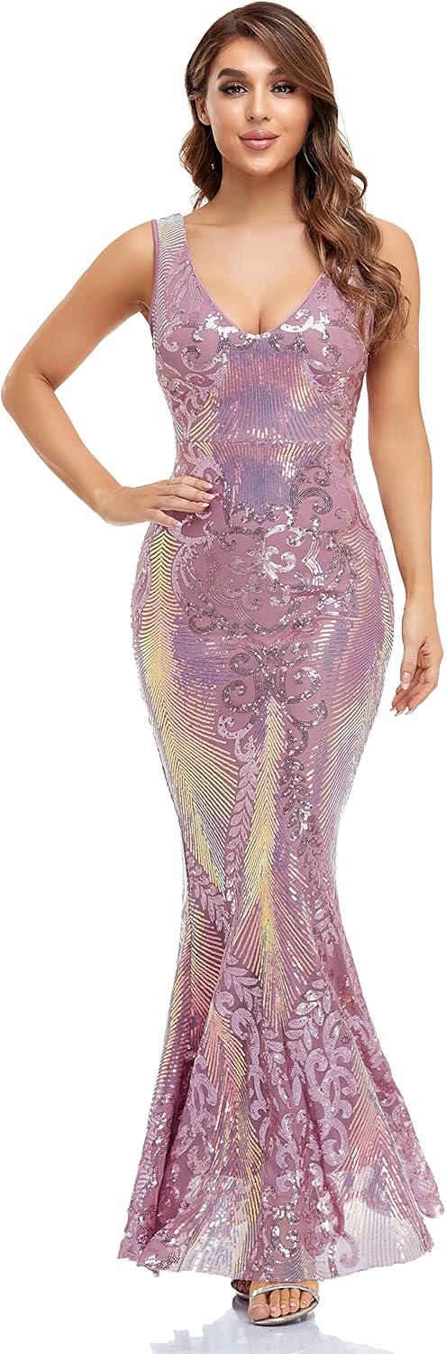 VK Selec Women's V Neck Evening Dress Party Elegant Tight-Fitting Long Dress Sequins Formal Prom Dress