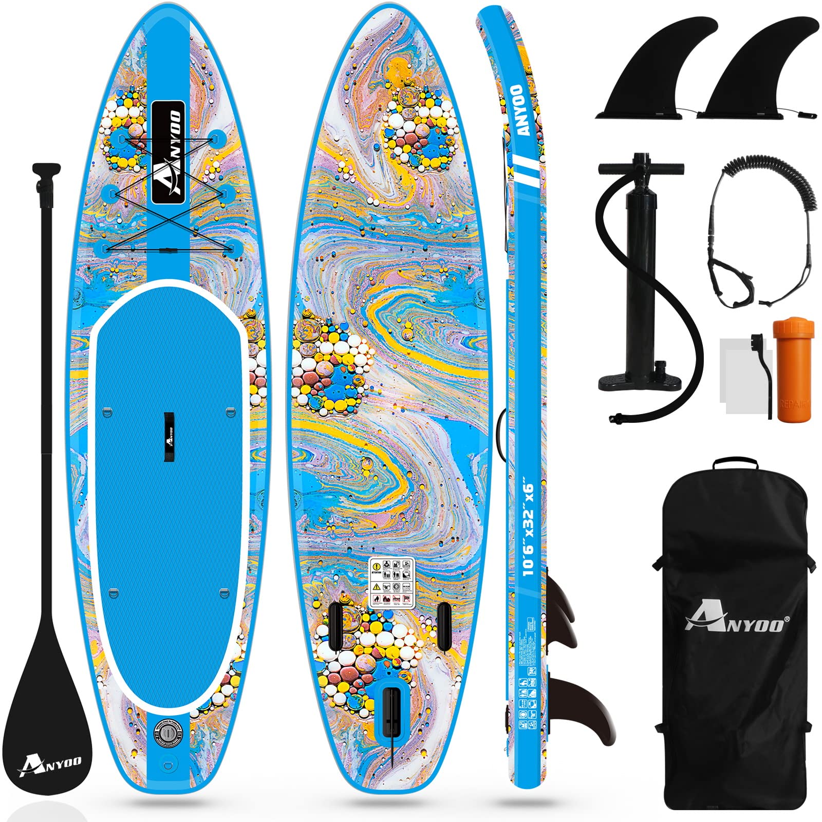 AnyooInflatable Stand Up Paddle Board 10'6"×32"×6" with SUP Paddle Board Accessories,2 Removable Center Fins,Adjustable Paddle, Non-Slip Deck,Dual Action Pump,Ankle Leash,Portable with A Carry Bag