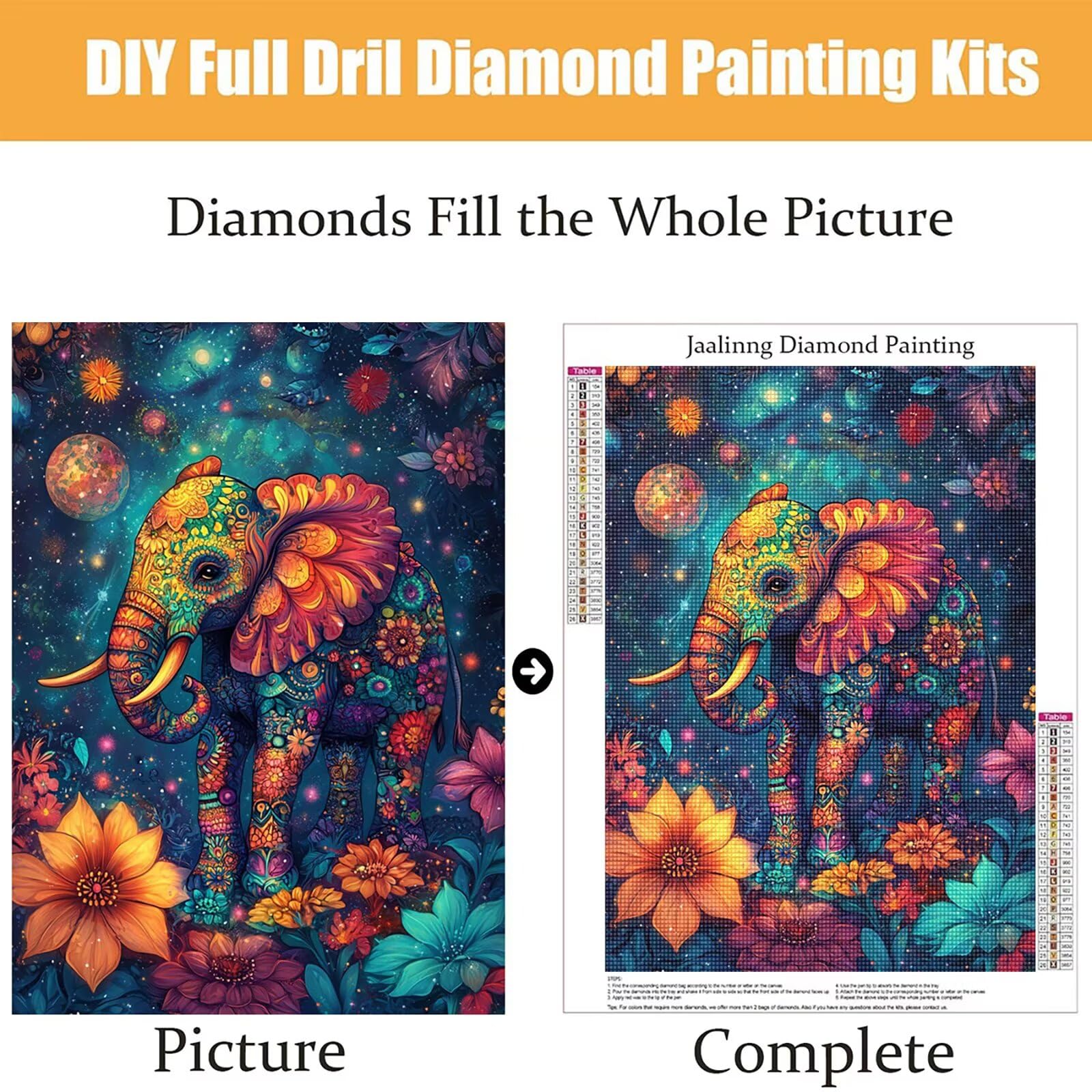 Diamond Painting Kit Completo, Diamond Painting Elefante, 5D Quadrato Pittura Diamante Kit Manualidades Adultos DIY Diamantini Crystal Art Disegni Ricamo Punto Croce Artigianale, 60x90cm Fiori j0-597