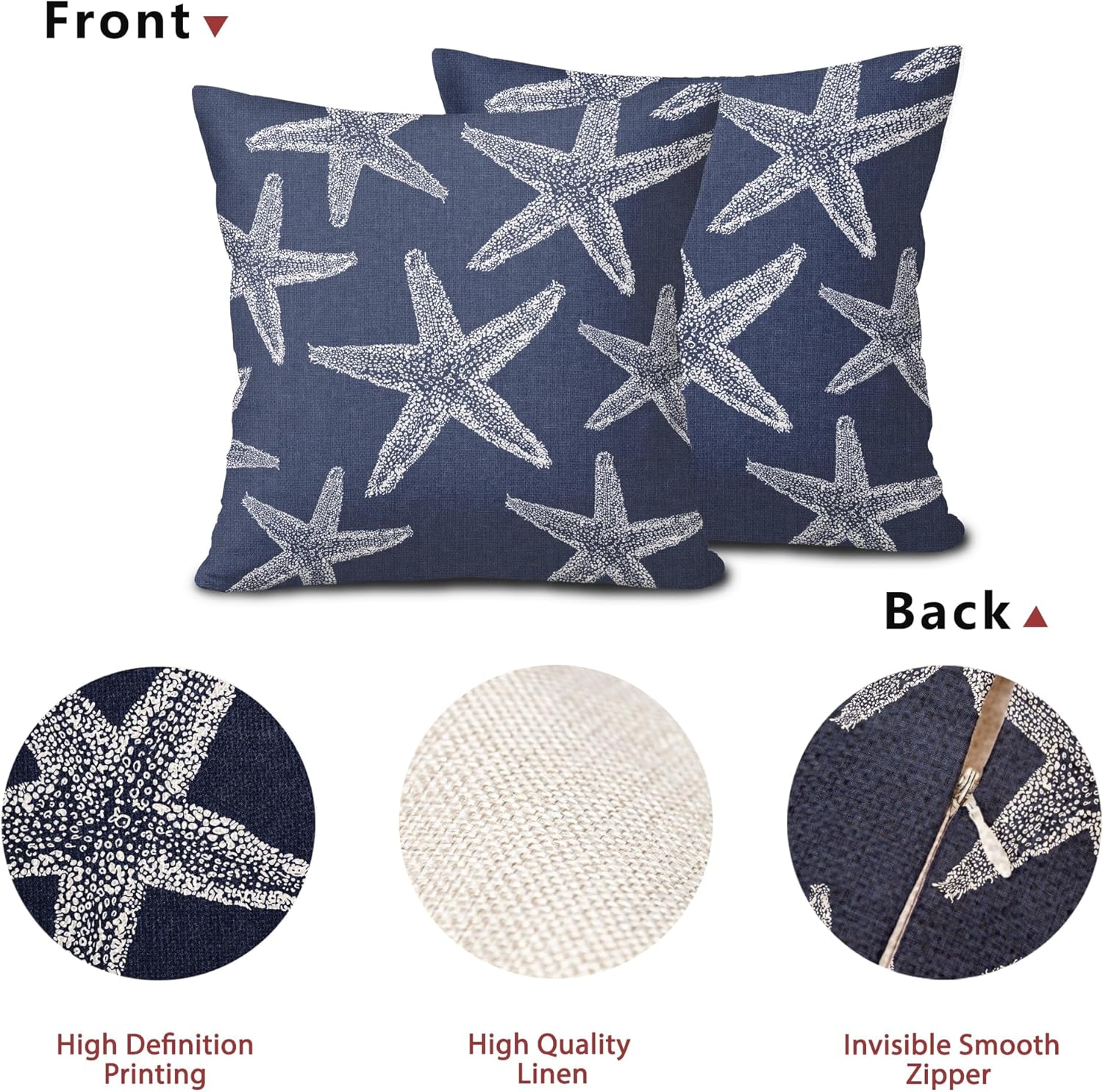 Kawani Navy Blue Starfish Ocean Pillow Covers 18X18 Inch Summer Nautical Coastal Beach Decorative Pillow Cases Set of 2 Cotton Linen Throw Pillows Seasonal Home Decor for Sofa Couch Cushion Outdoor - Image 4