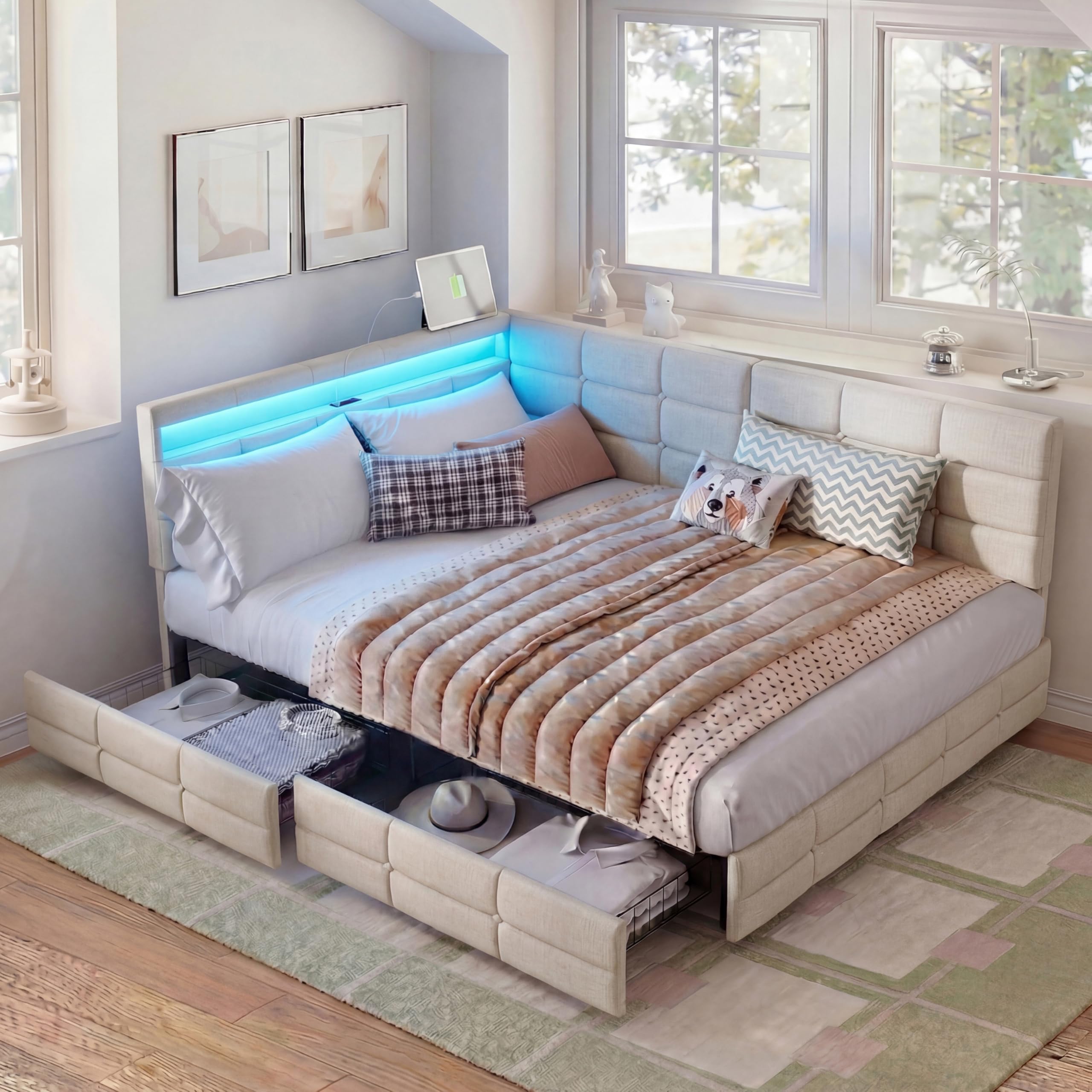 łóżko tapicerowane/sofa 140 x 190 cm, z oświetleniem LED i stacją ładowania USB, łóżko młodzieżowe/tapczan z miejscem do przechowywania i 2 szufladami, łóżko dla gości/rama łóżka ze stelażem