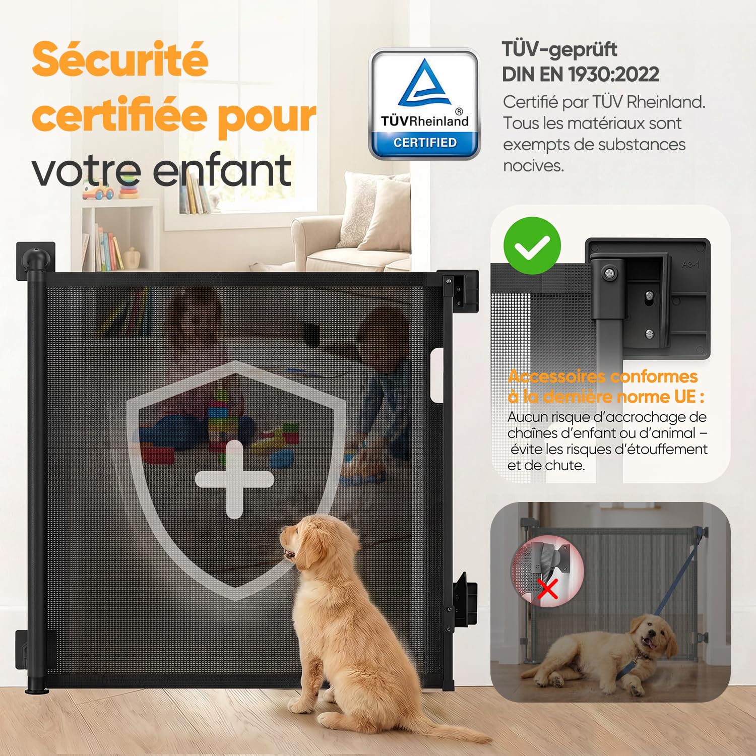 Sekey Barrière de sécurité Extensible 0-150 cm – Hauteur 97 cm, sans perçage + vis fournies | Barrière Enfant escamotable pour Porte, escalier, Chien