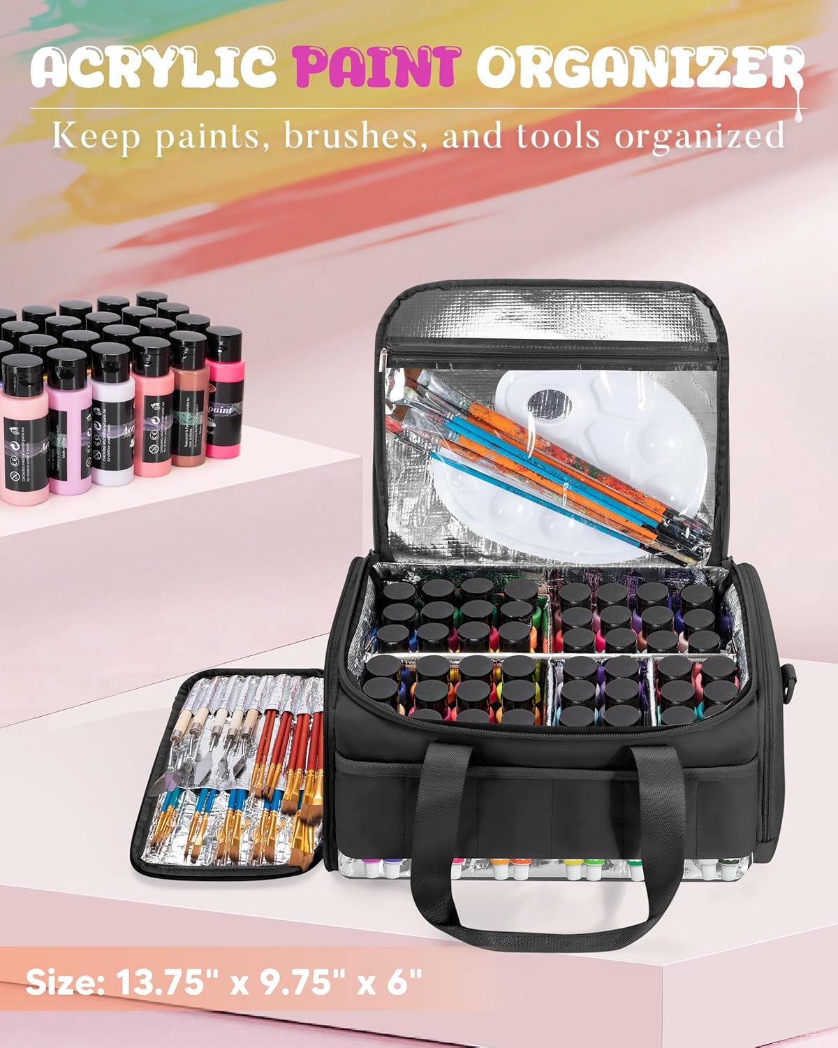 Acrylic Paint Organizer Holds 60 Bottles (2 oz), Acrylic Paint Storage Bag with Tools Storage Sections and Crossbody Strap, Black