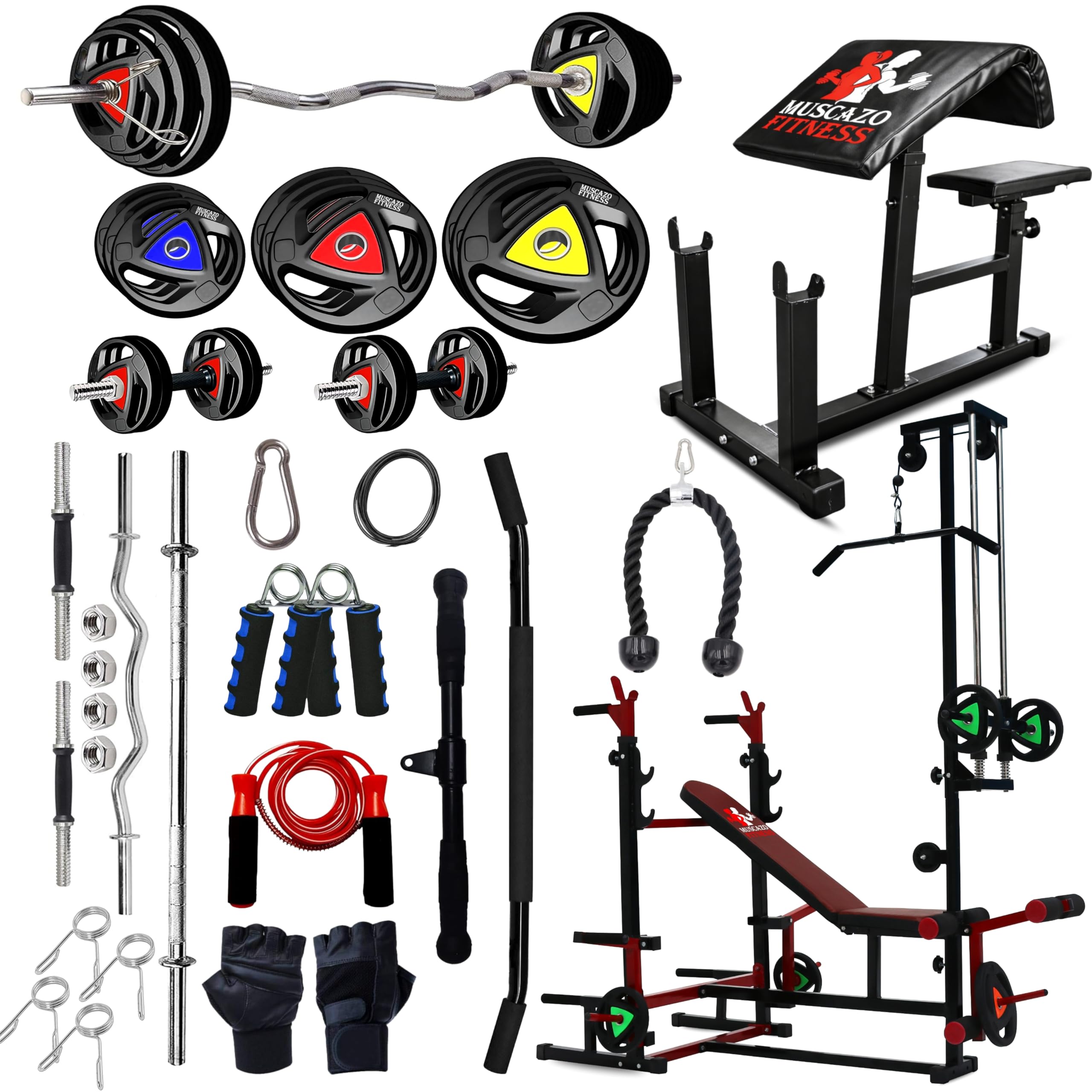 Complete Home Gym Combo with 30KG Rubber Coated Weight Plates & Barbell, 20-in-1 Multi-Functional Bench with Lat Pulldown & Rack, Preacher Curl Bench, Cable Attachments & Accessories (30KG COMBO)