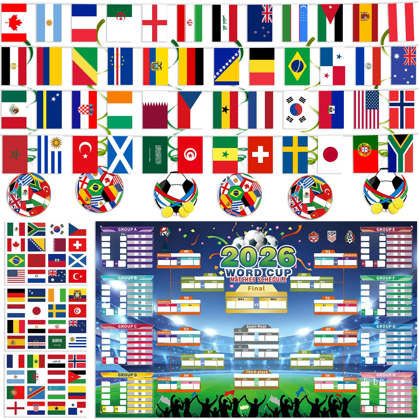 Wonlonda 2026 World Cup Party Decoration Set, 180x110cm Wall Chart, 192 Flag Stickers, 15M 48pcs Bunting and Hanging Swirls for Football Fans (32nd Round Schedule)