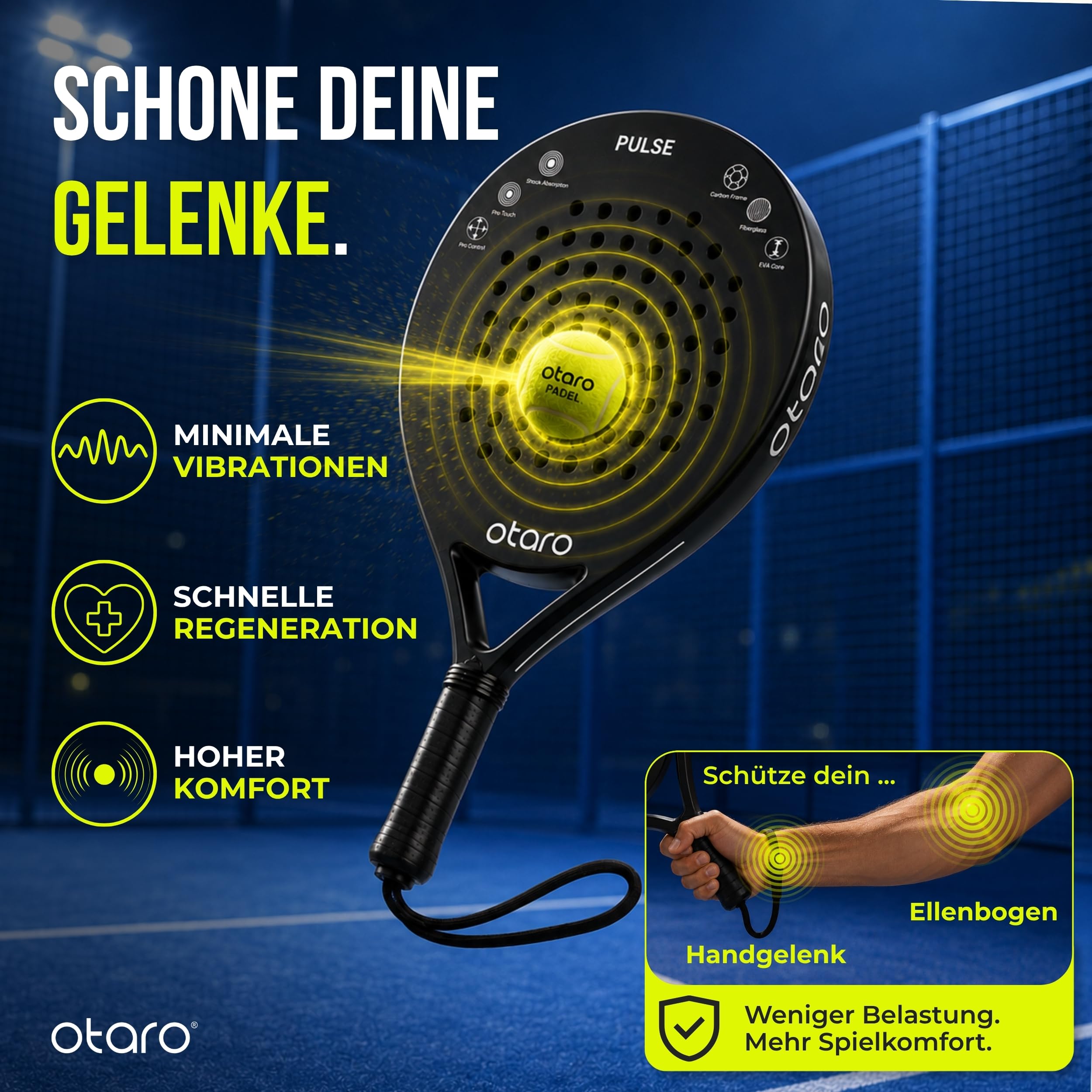OTARO Padelschläger für Anfänger & Fortgeschrittene | Ultraleicht & ausbalanciert | Padel Schläger Carbon & Glasfaser mit Eva Kern für hohe Kontrolle und Power | Padel Racket mit komfortablem Griff